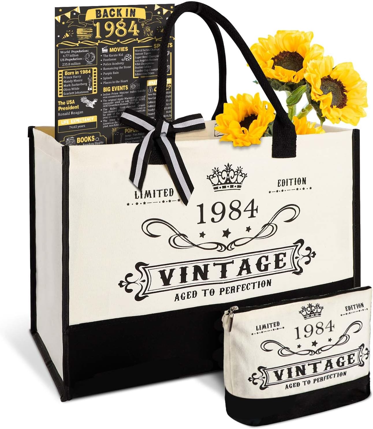 YeohJoy 41st Birthday Gifts for Her Canvas Tote Bag Travel Gear, Unique 41 Years Old Birthday Gifts for Girlfriend Sister Friends Women, Vintage 1984 Handbag & Cosmetic Bag & Back in 1984 Poster