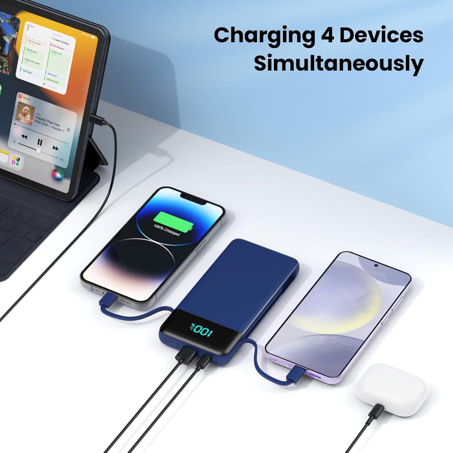 Portable Charger 13800mAh for iPhone with Built-in Cables & AC Wall Plug,5-in-1 USB-C Power Bank,LCD Display External Battery Pack Phone Charger Compatible with iPhone 16/15/14,Android (Dark Blue)