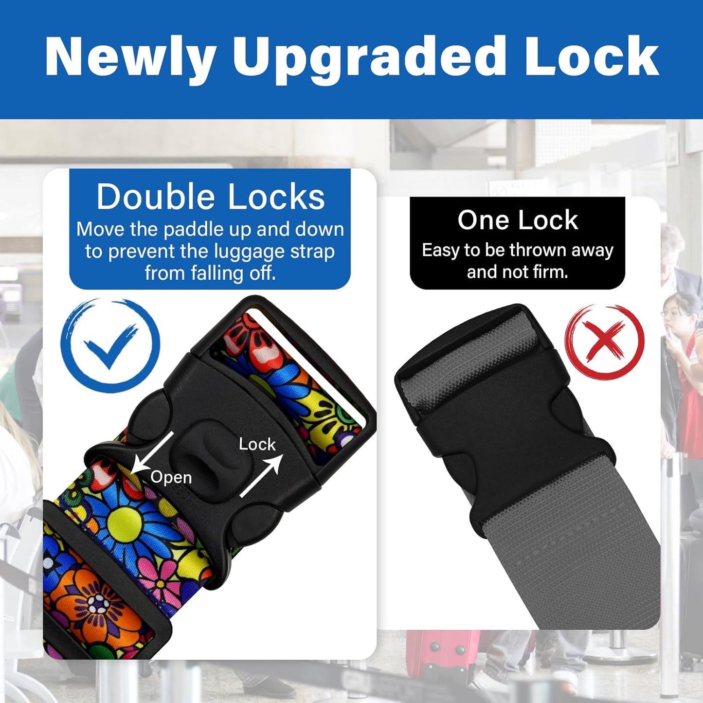 2 Pack Luggage Straps for Suitcases, Adjustable Travel Belt with Double Lock and Quick Release