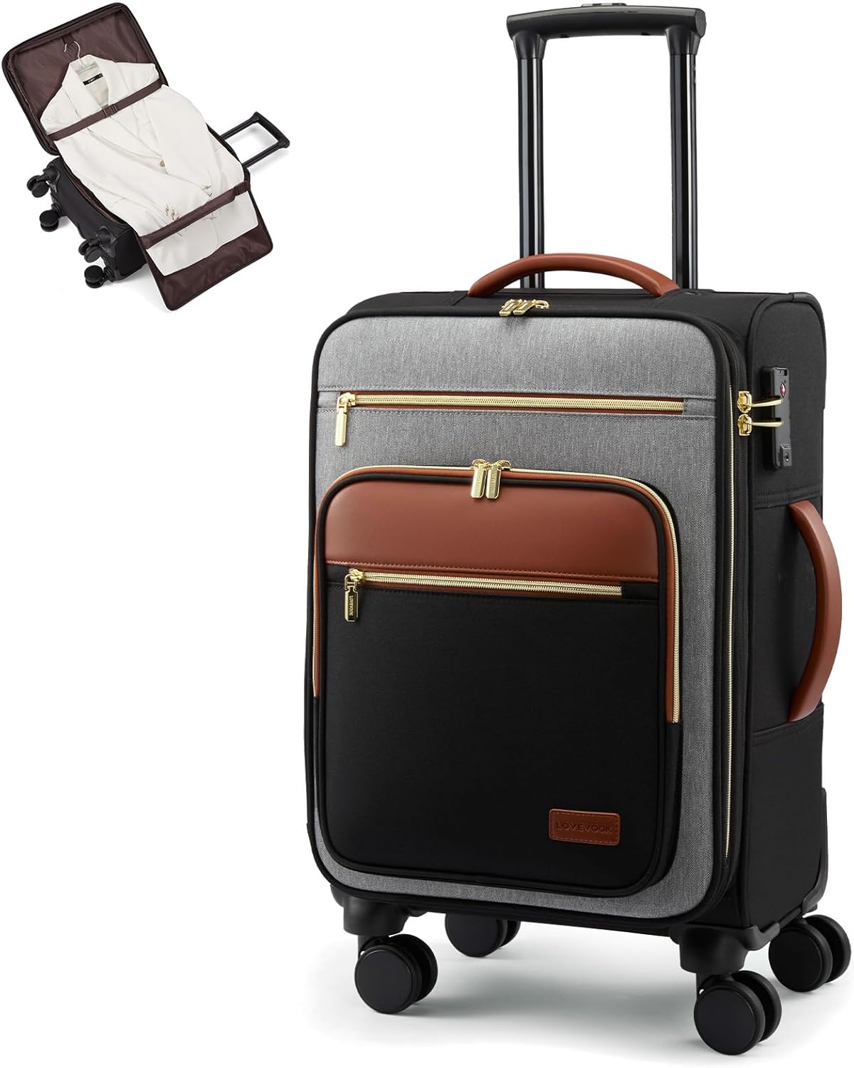 LOVEVOOK Carry on Suitcase 22x14x9 Airline Approved,20 inch Lightweight Waterproof Suitcases with 360° silent swivel wheels, TSA Lock and Compartment, Large Capacity travel Suitcase Black-gray-brown