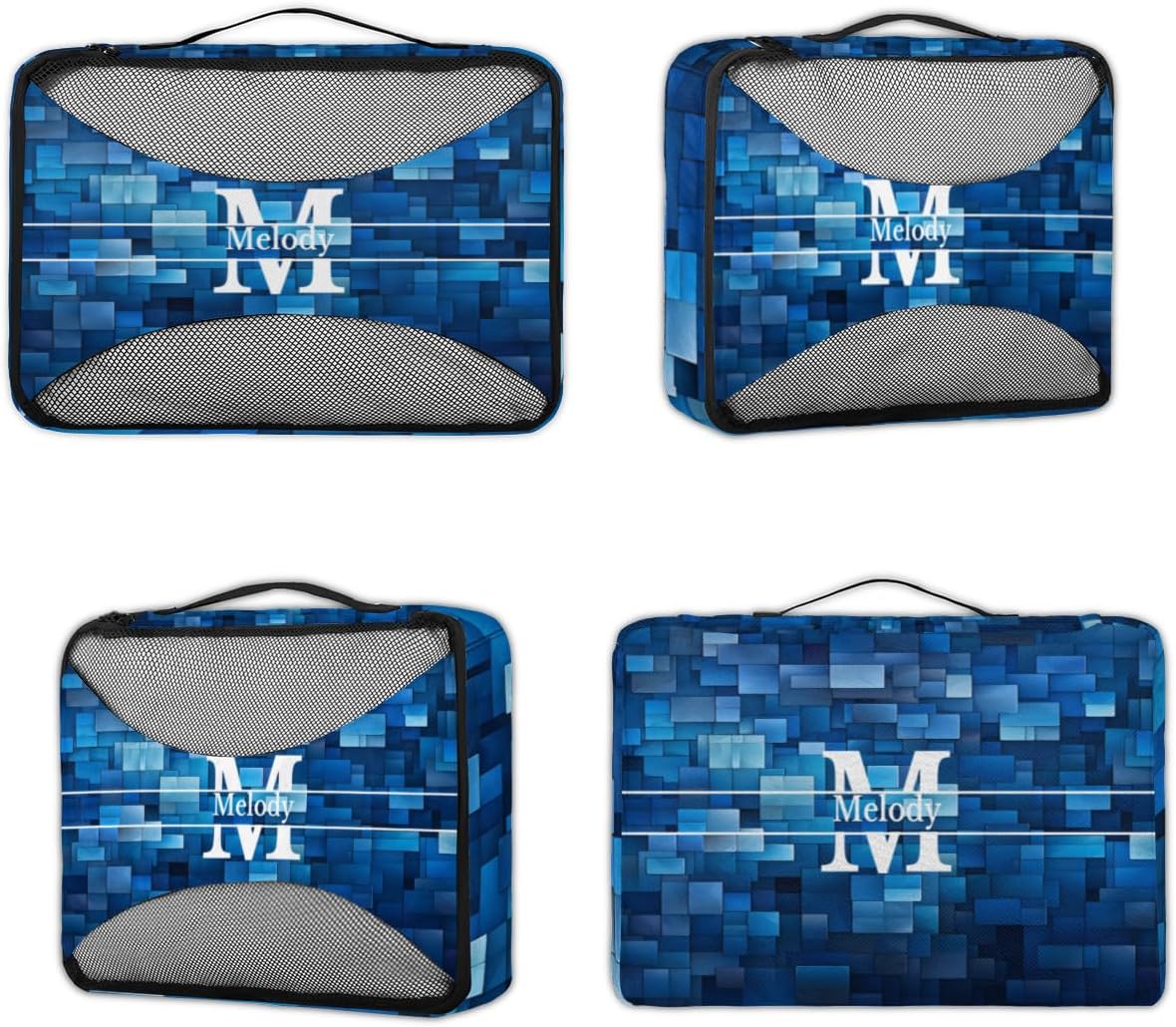 Custom Name 4 Pcs set travel luggage organizer Mesh Travel Essentials for Suitcases, Blue Geometric Pattern with Initial Letter