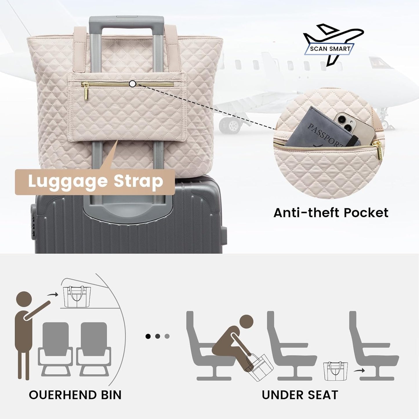 LOVEVOOK Laptop Bag for Women 17 inch,Diamond Quilted Work Tote Bags Womens Laptop Tote Bag Computer Shoulder Bags,Stylish Travel Tote Bags Laptop Purse Briefcase Handbag with Clutch Purse,Off-white