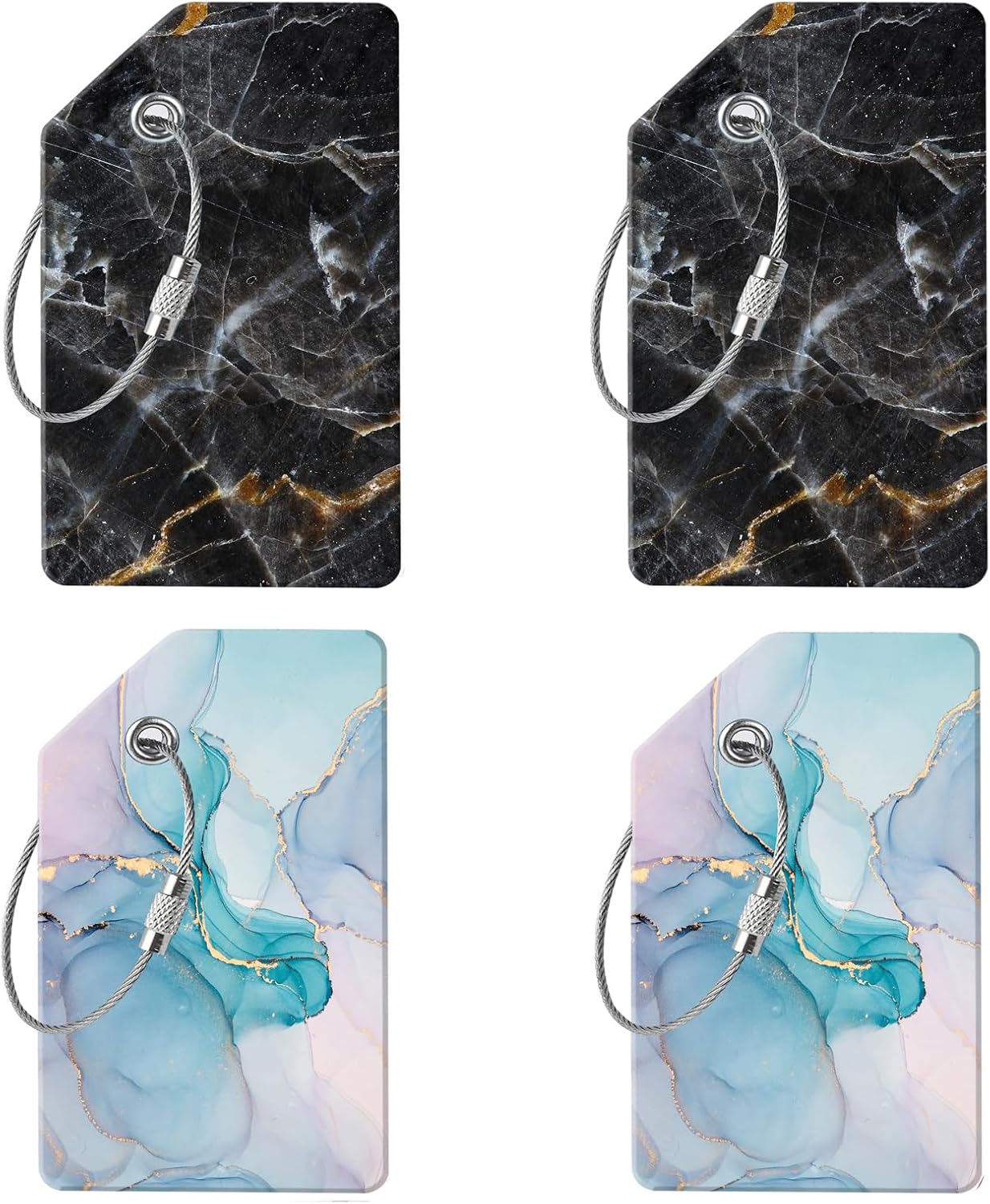 4 Luggage Tags, (1" Smaller Than Traditional) Perfect for Quick Luggage Identification with Stainless Steel Ring and Address Card for Travel and Luggage (Blue Marble + Black Marble)