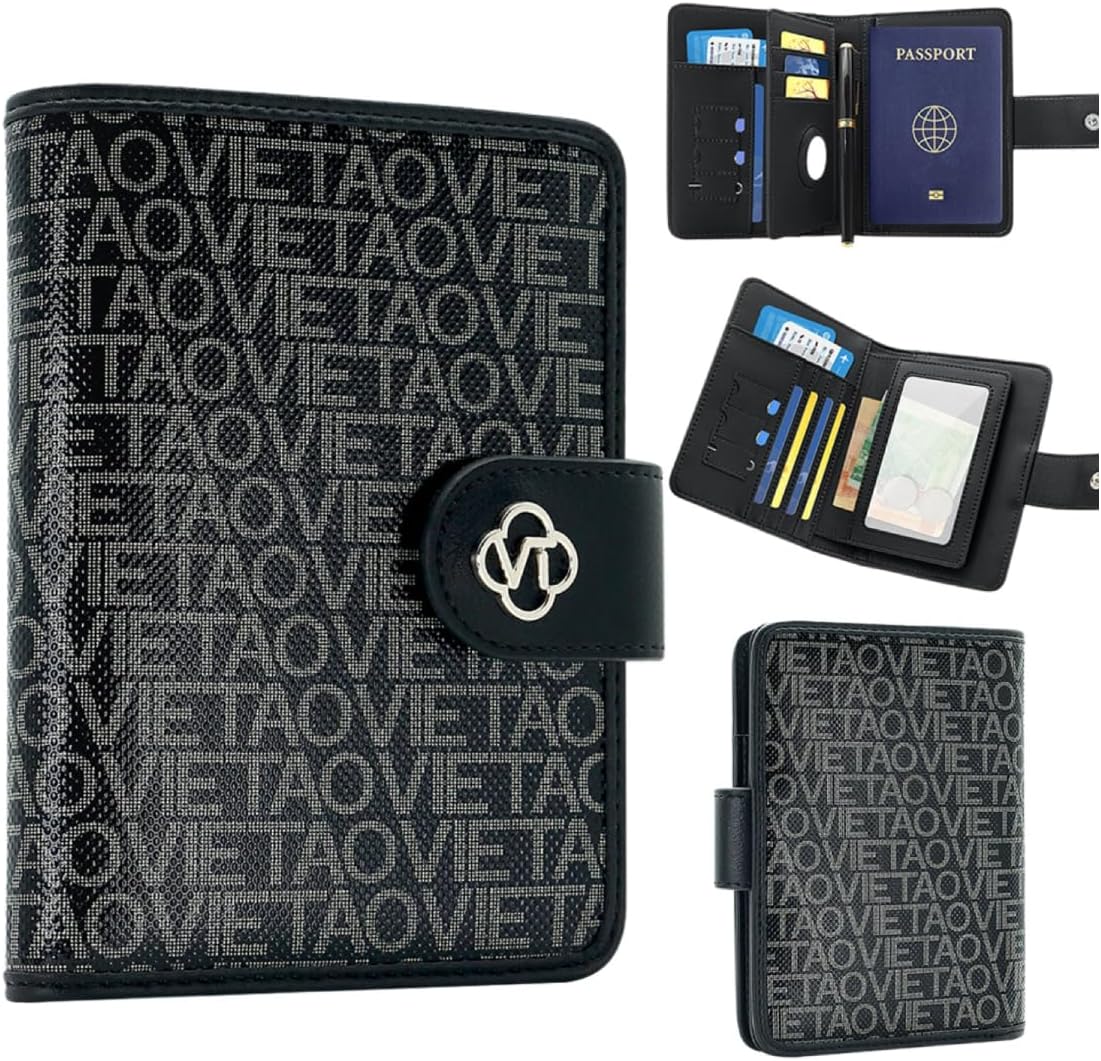 RFID Blocking Leather Passport Holder for Travel, Airtag Passport Wallet for Men and Women, Cards, Passport, Tickets, Cash, Photo and Sim Card Pen Slot (Black)
