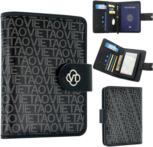 RFID Blocking Leather Passport Holder for Travel, Airtag Passport Wallet for Men and Women, Cards, Passport, Tickets, Cash, Photo and Sim Card Pen Slot (Black)