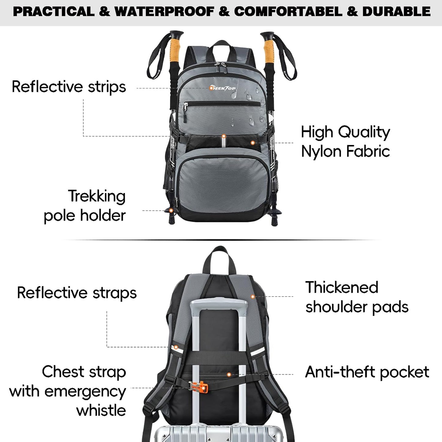 Seektop 40L Foldable Hiking Backpack for Women Men Lightweight Packable Travel Backpack Carry on Flight Approved for Outdoor Camping Sport Leisure (Gray)