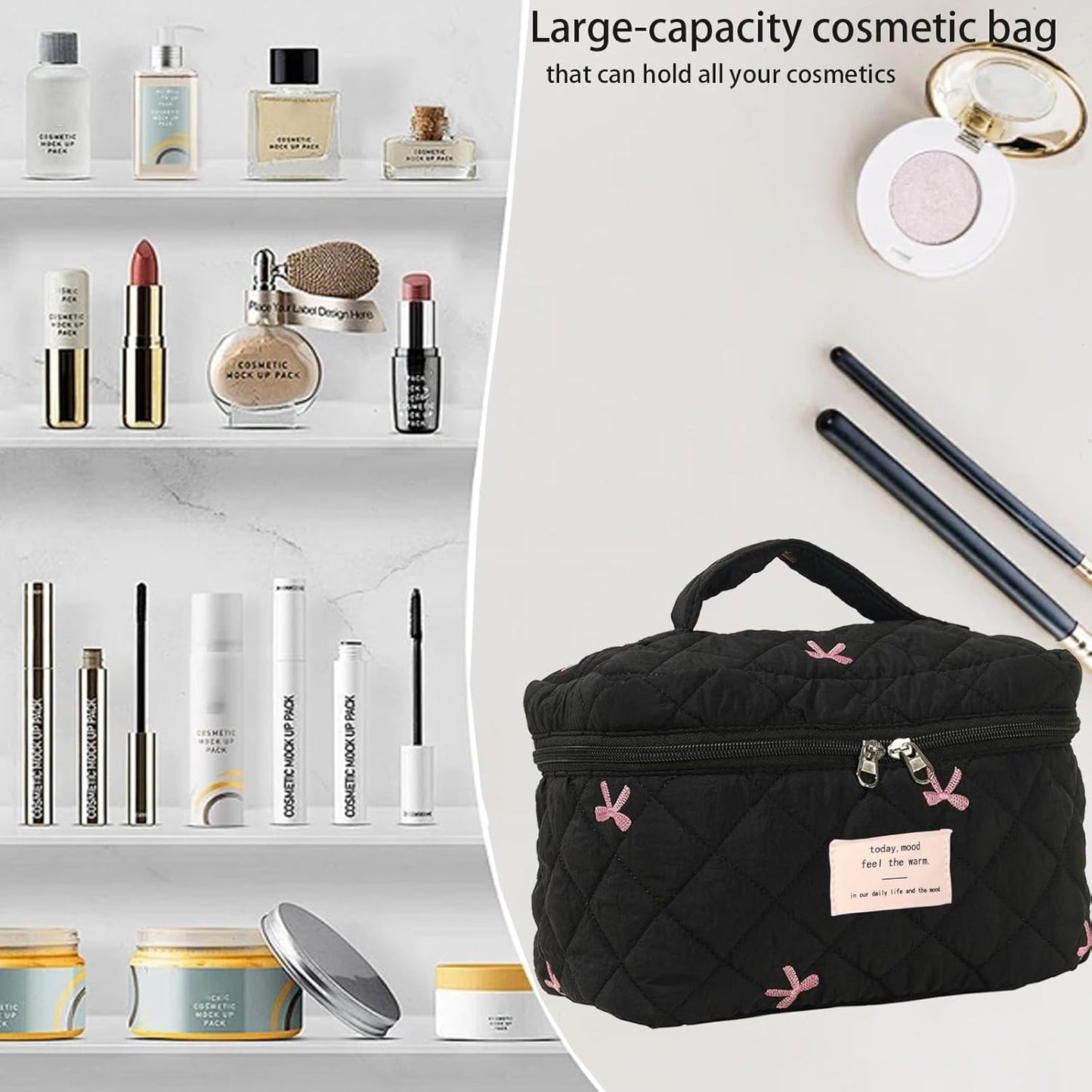 Quilted Makeup Bag, Large Makeup Bag, Cute Cosmetic Bag for Women Girls, Floral Coquette Aesthetic Travel Toiletry Make Up Organizer Bag-Black