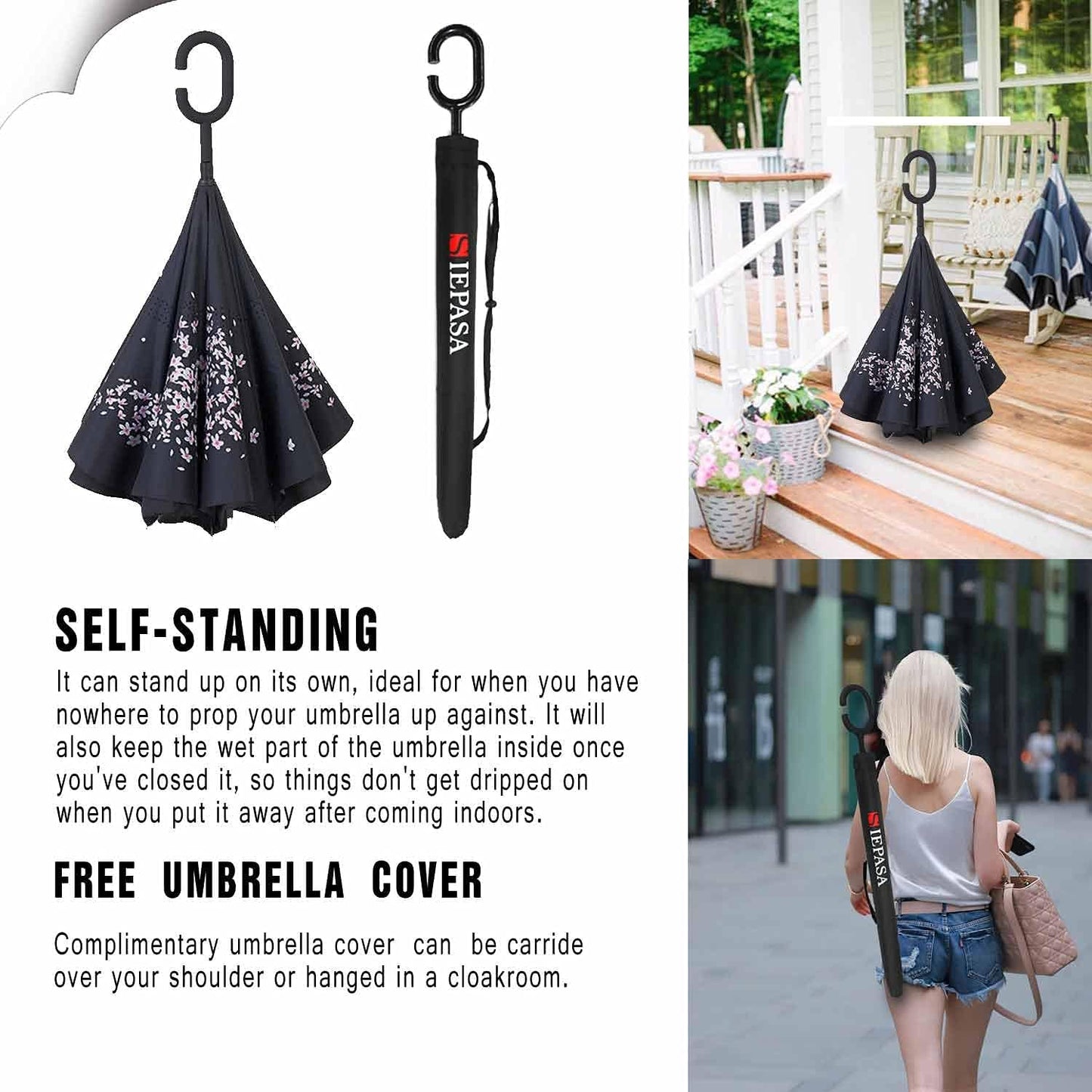 SIEPASA 49/56 Inch Inverted Reverse Upside Down Umbrella, Extra Large Double Canopy Vented Windproof Waterproof Stick Golf Umbrellas with C-shape Handle.