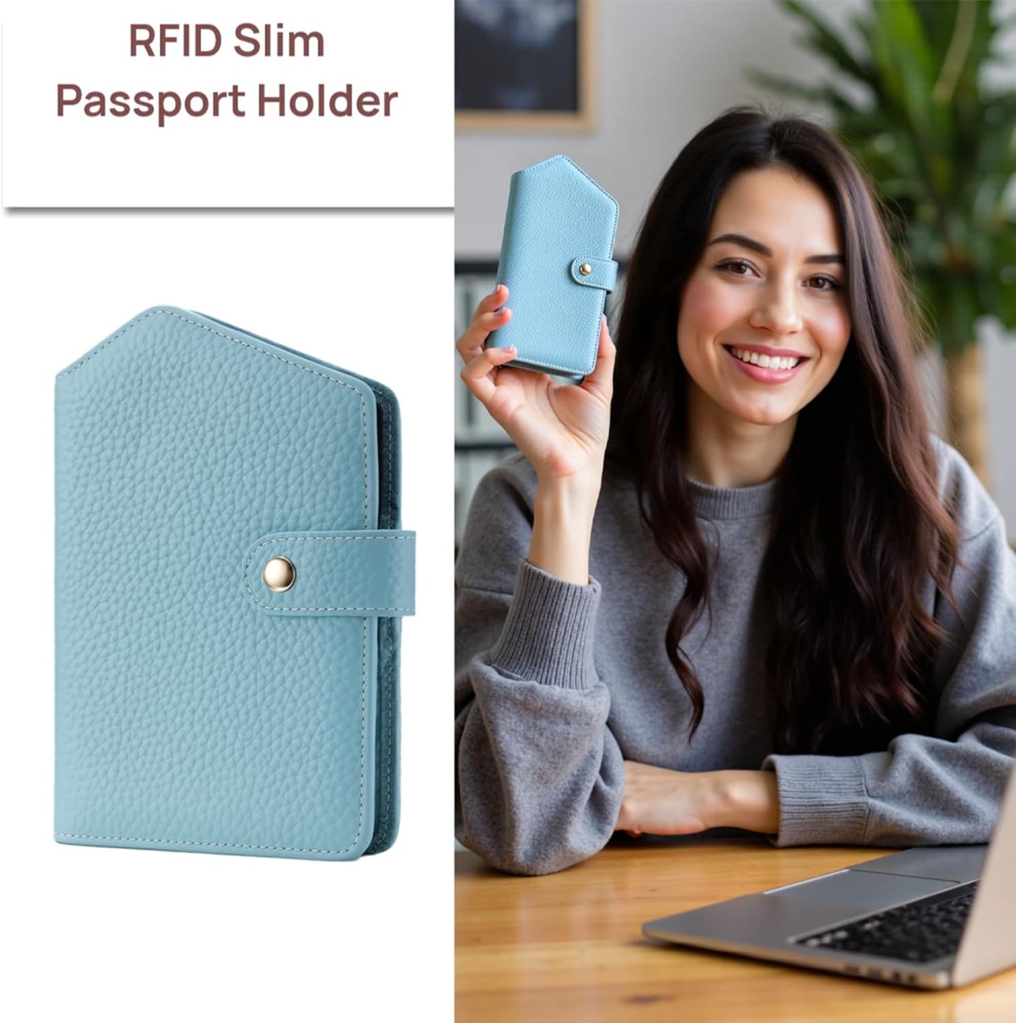 Cute RFID Passport Wallet for Women Leather Slim Passport Holder Travel Wallet Cover with Zipper Coin Purse, Credit Card, Sim and Tticket Slots (Blue)