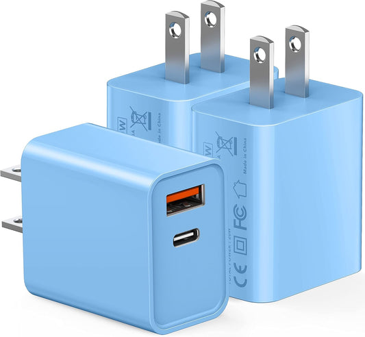 3 Pack Dual Port USB C Charger Block, 20W Power Delivery + QC3.0 USB A Double Port Fast Charging Brick for iPhone 14 15 16 17 Pro Max Plus SE X XS Cube, Quick Charge Plug Adapter (Blue)