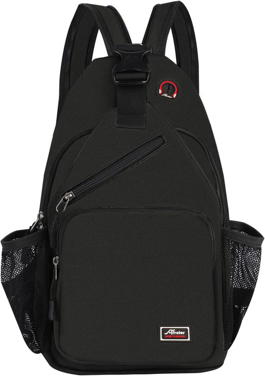 Crossbody Sling Backpack Men and Women Sling Bag Shoulder Backpack Travel Hiking Chest Bag Daypack (Black)