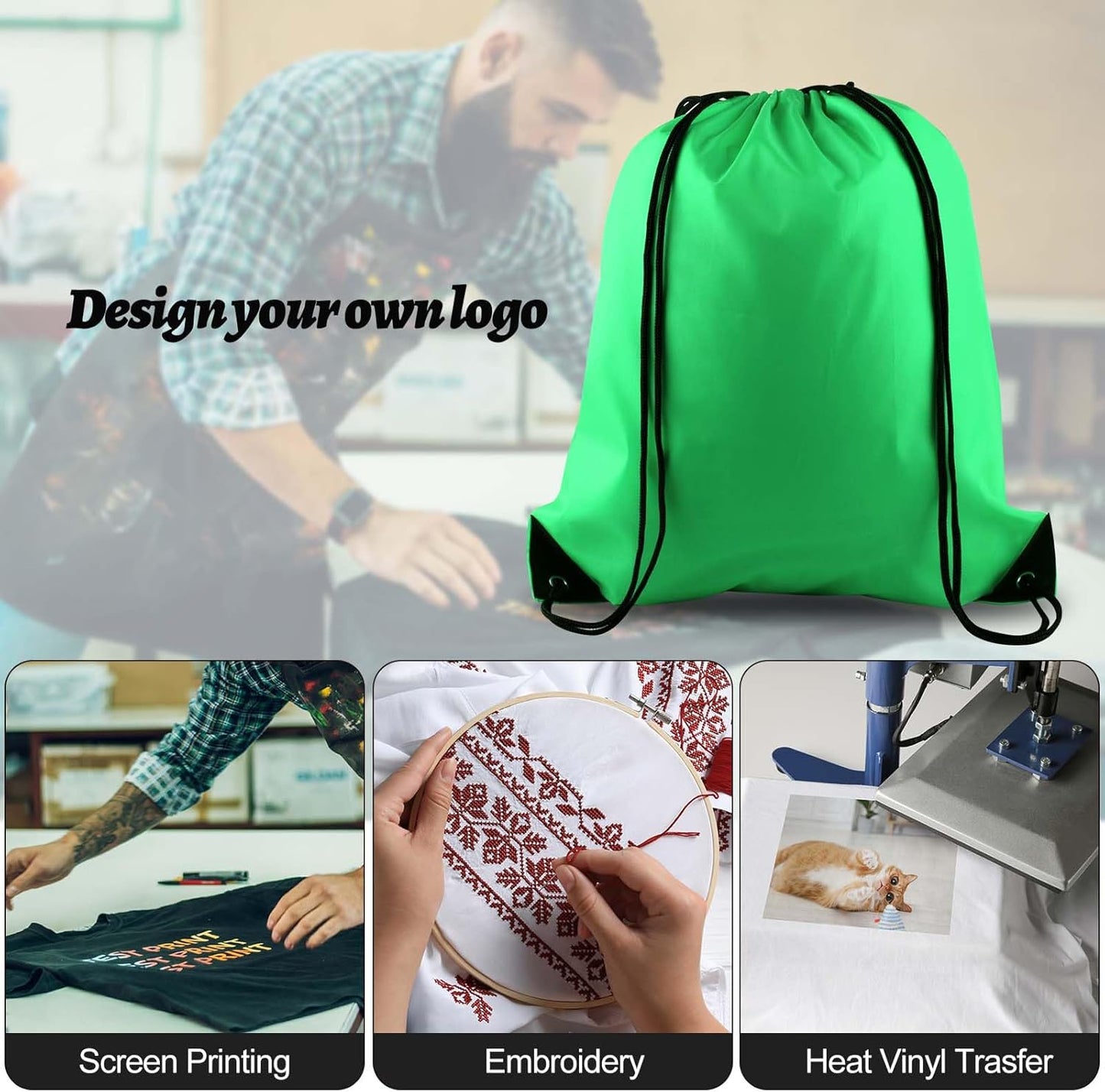 PLULON 15 Pcs Green Drawstring Bags Drawstring Backpack Bulk, String Backpack Cinch Sack Sport Gym