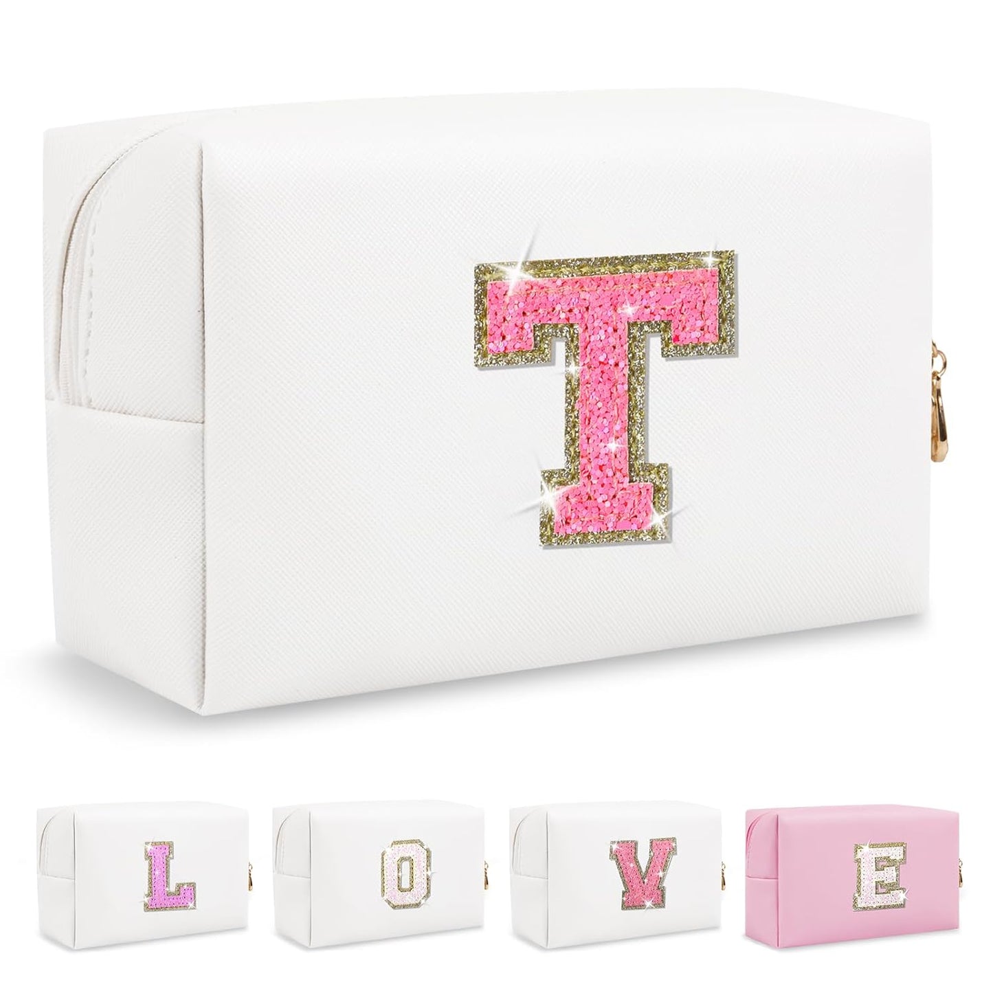 Small Personalized Initial A-Z Patch Makeup Bag,White Cute PU Leather Glitter Letter Cosmetic Bag for Teen Girls,Travel Toiletry Bag with Zipper,Preppy Monogrammed Birthday Gift for Daughter Niece T