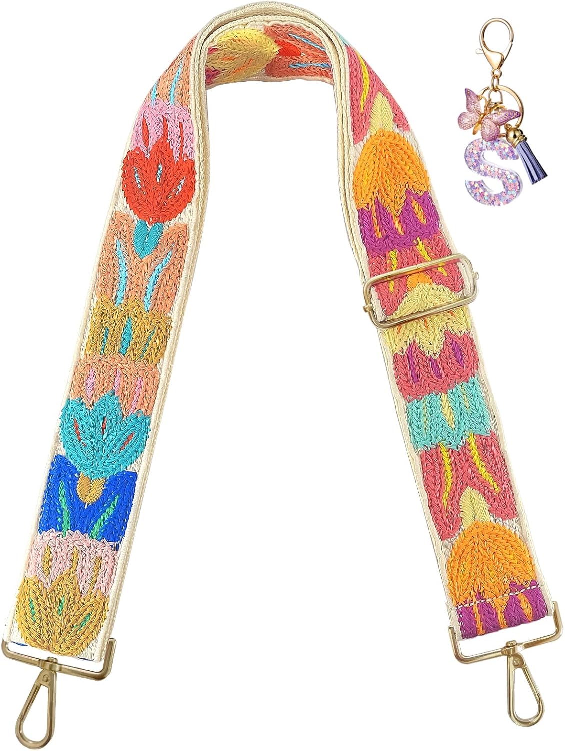 Embroidery Flower Purse Strap Replacement Crossbody 2 Inch Wide with Letter S Keychain for Women's Handbags