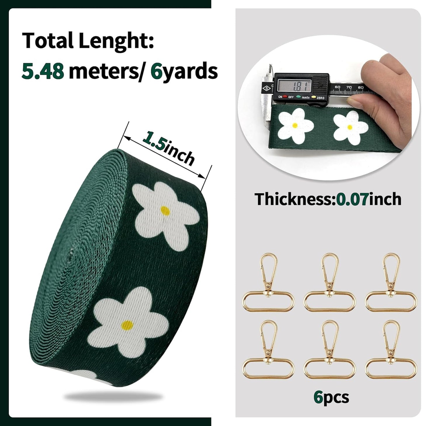 1.5 inch Printed Nylon Webbing Straps for Bags with Buckle 1 1/2 inch 6 Yards Deep Green Thick Patterned Fabric Webbing Luggage Handle Ribbon for Backpack-Home Deco-Clothing-Sewing-DIY Crafts