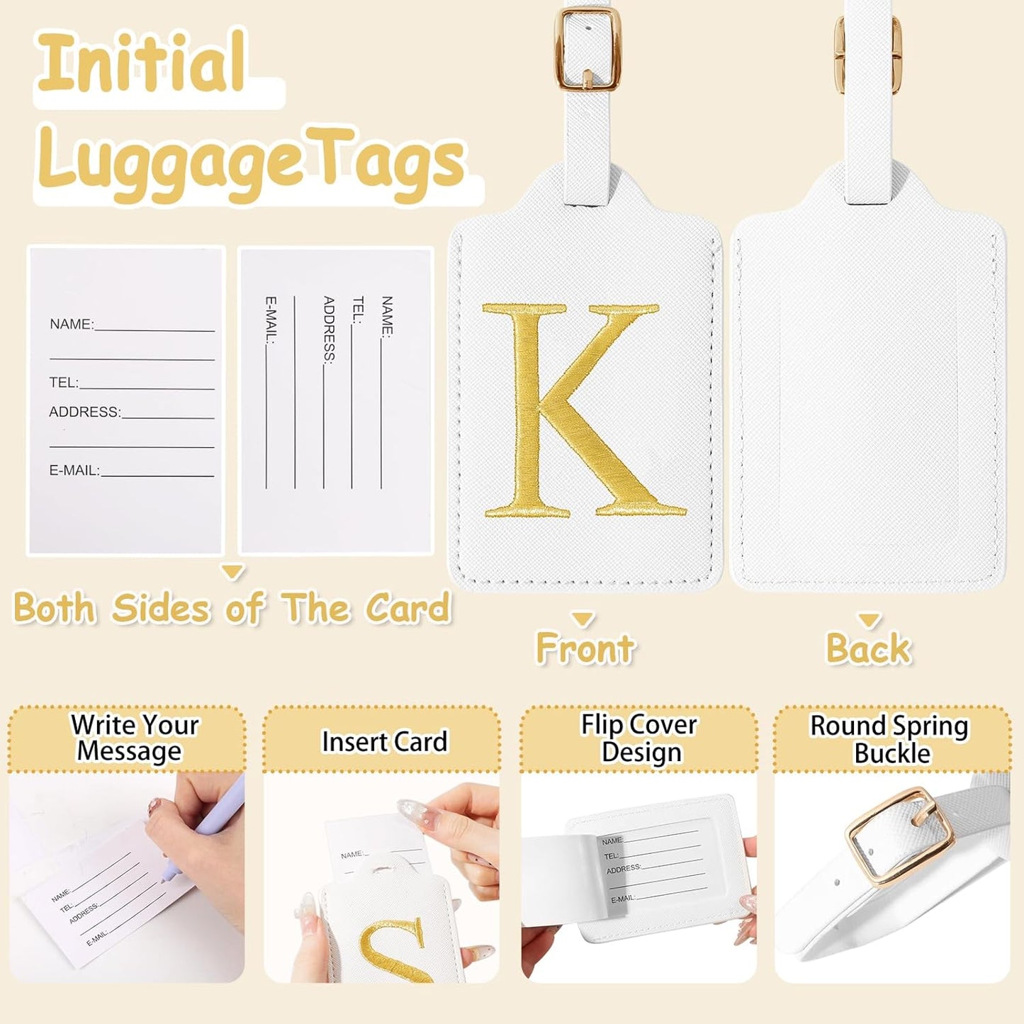Personalized Initial Luggage Tags for Suitcases, Cute PU Leather Embroidered Letter Travel Luggage Tags, Suitcase Identifier Name Baggage Tag, Bag Tags for Men Women Kids Luggage Handbags(White K)