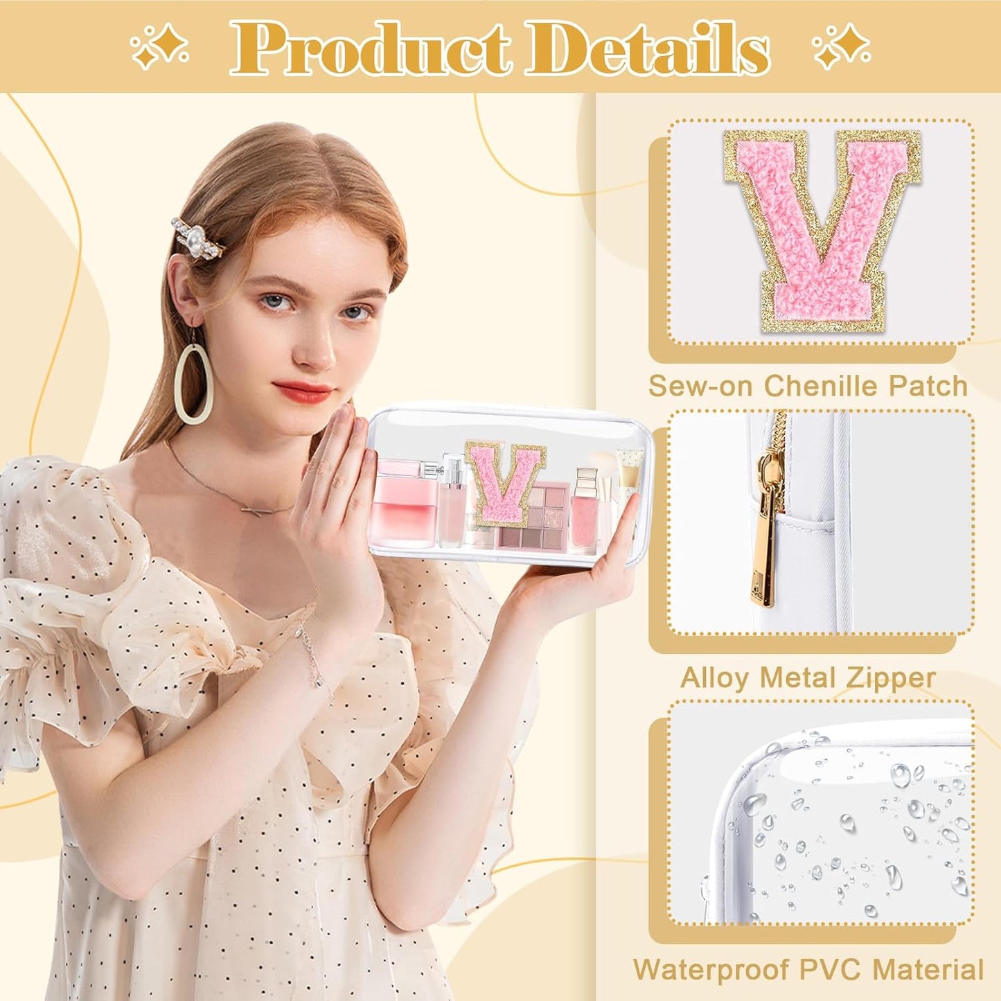 Personalized Initial Letter Clear Makeup Bag,Preppy Small Nylon&PVC Cosmetic Zipper Bag with Chenille Letter,Travel Skincare Toiletry Bag,Monogram Christmas Gift for Teen Girls Women,V