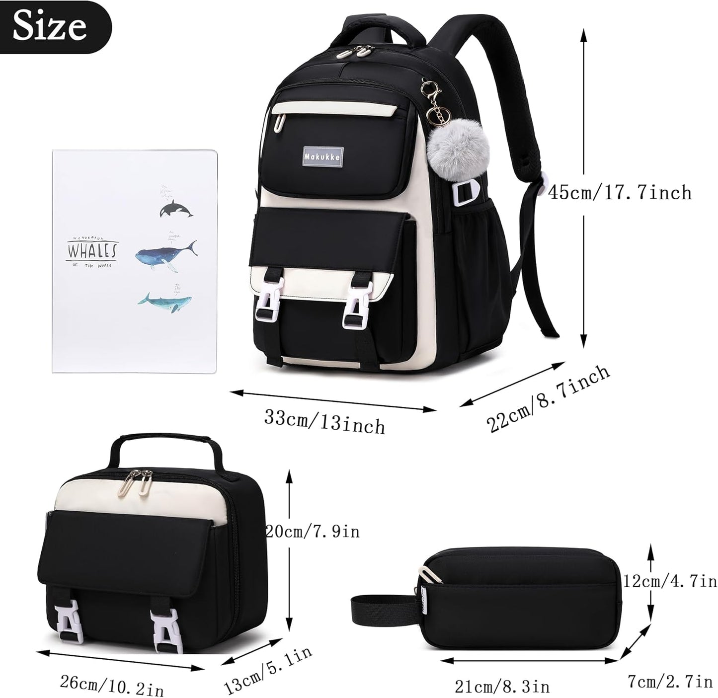 Makukke School Backpack for Girls Book Bag Set, School Bag for Teens Girls Kid Children Elementary Middle School Student, Waterproof Black Backpack