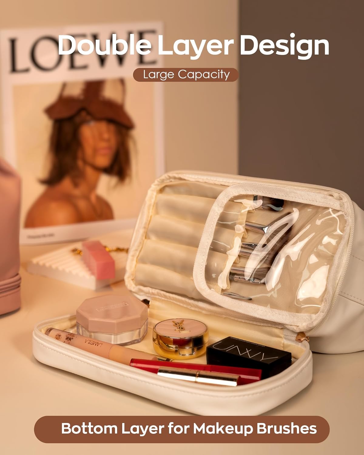Makeup Bag with Handle, Waterproof Double Layer Cosmetic Bag, Large Capacity PU Leather Makeup Bags
