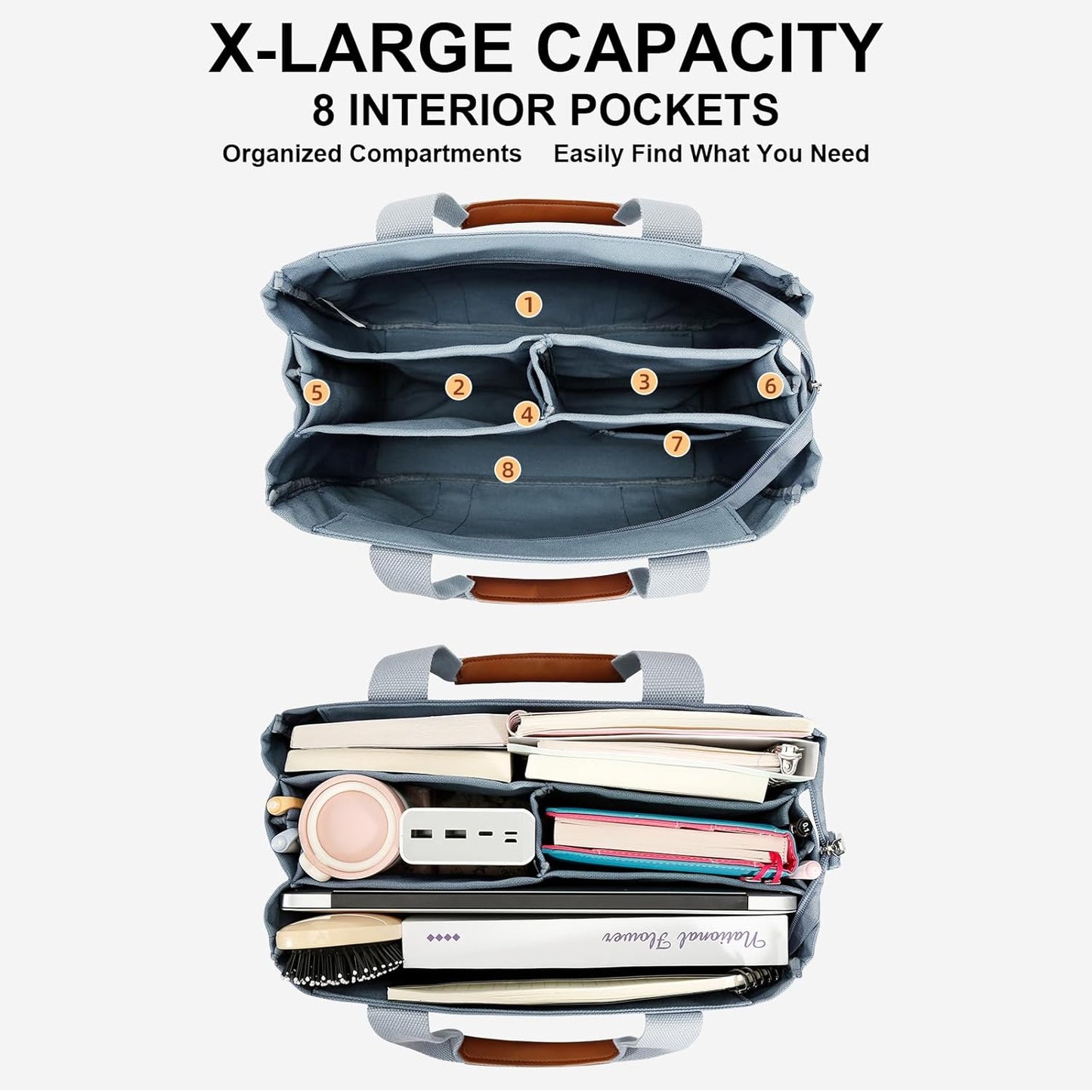KKXIU Canvas Tote Bag for Women with Zipper and Compartments Crossbody Large Bible Messenger Purse Bag With Pockets