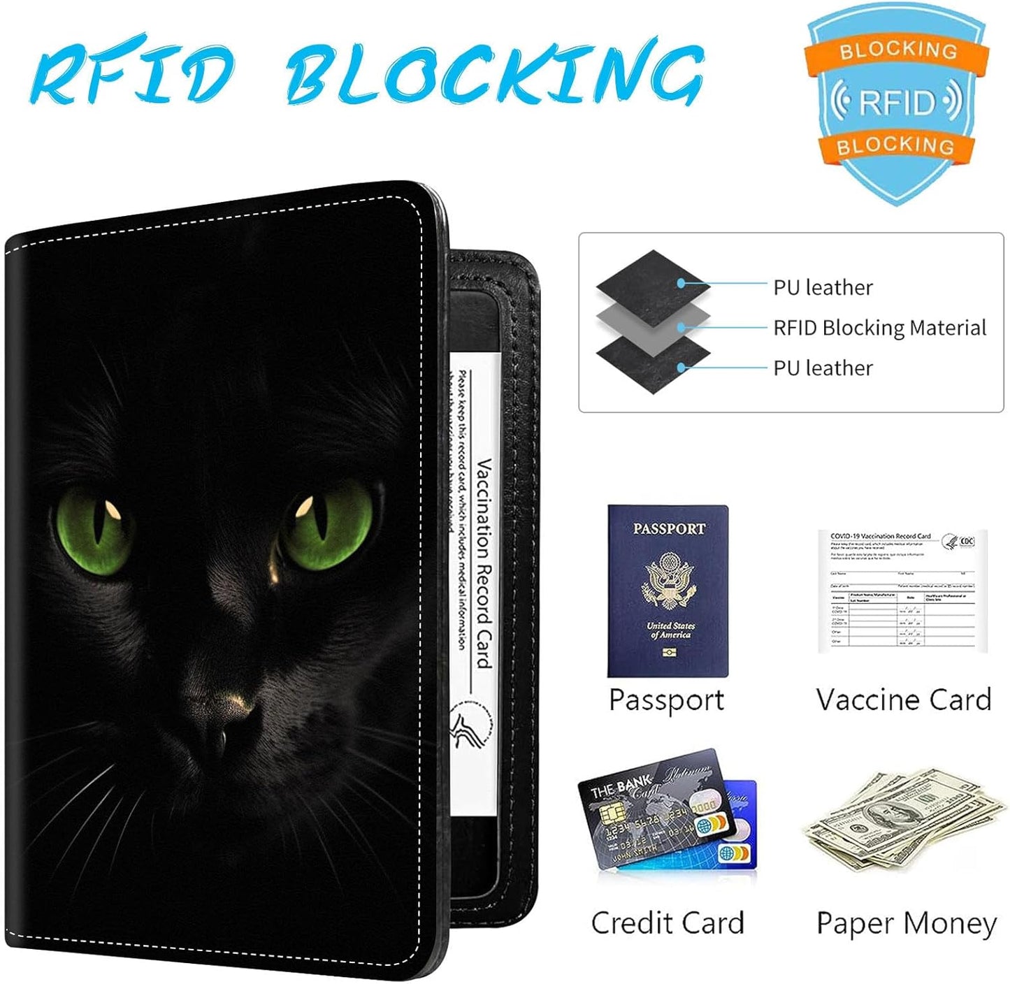 Passport Holder Cover Wallet Travel Essentials RFID Blocking Case Leather Passport Cover Wallet Vaccine Card Slot Organizer for Men Women, Black Cat