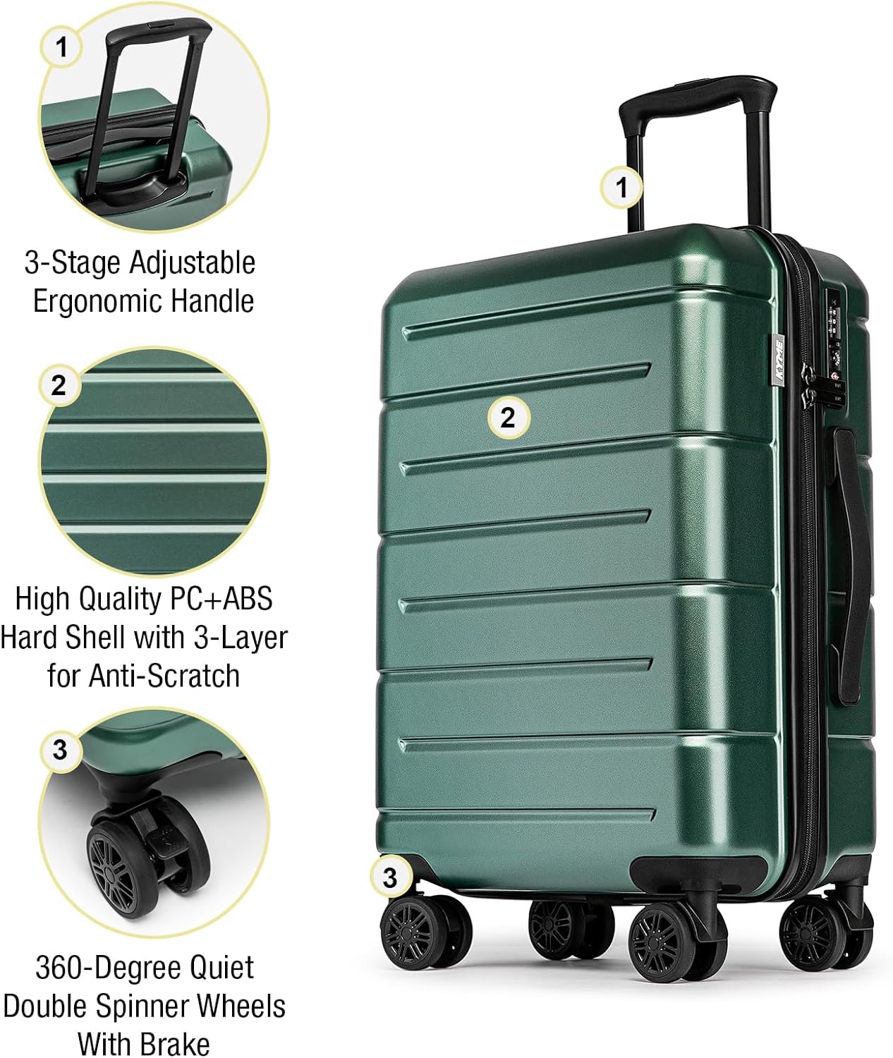 KYME 26 Inch Luggage TSA Approved Hard Shell Suitcases with Spinner Wheels Durable Medium Travel Checked Luggage with Cup Holder for Women Men Green