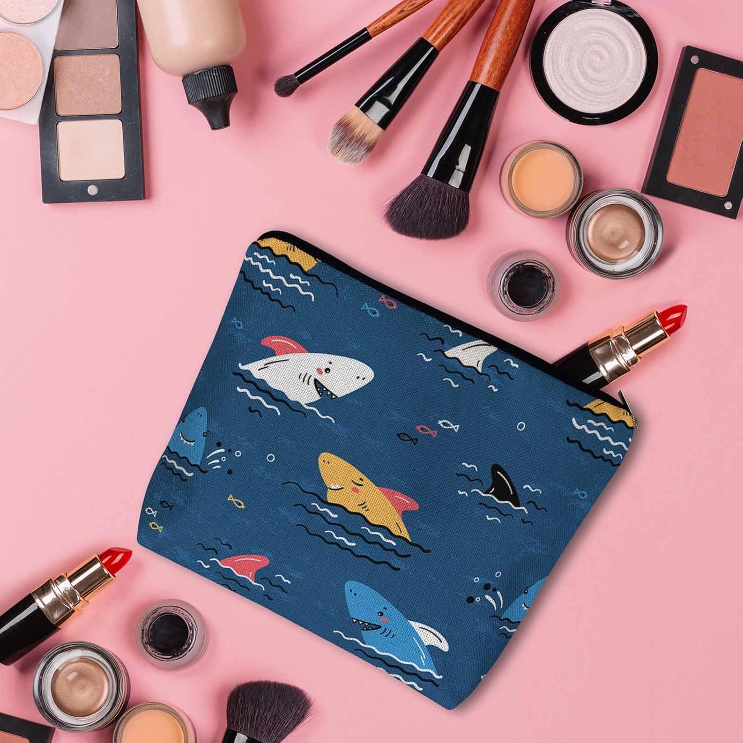 Shark Cosmetic Bags For Women, Cute Ocean Sea Wildlife Sharks Blue Roomy Makeup Bag Toiletry Bag Accessories Organizer Storage Bags Makeup Pouch For Travel Business Gym Camping Bathroom