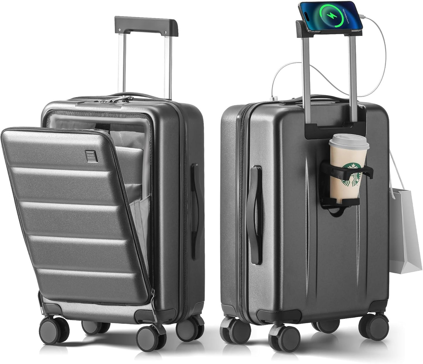 20 IN Carry On Luggage 22x14x9 Airline Approved - Front Pocket Hardside Travel Suitcase Unbreakable -with Cup Holder,Charging Port,Side Pothook, 360°Spinner Wheels, TSA Lock-Grey