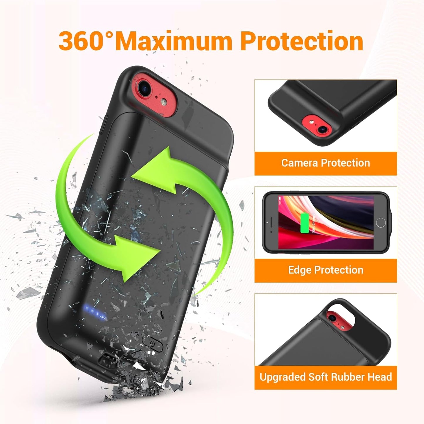 Battery Case for iPhone 8, 7, 6S, 6 SE(2020/2022) (4.7 inch), 2025 Upgraded High Capacity 7000mAh Battery Pack Rechargeable Charger Case External Charging Case with Tempered Glass Screen Protector