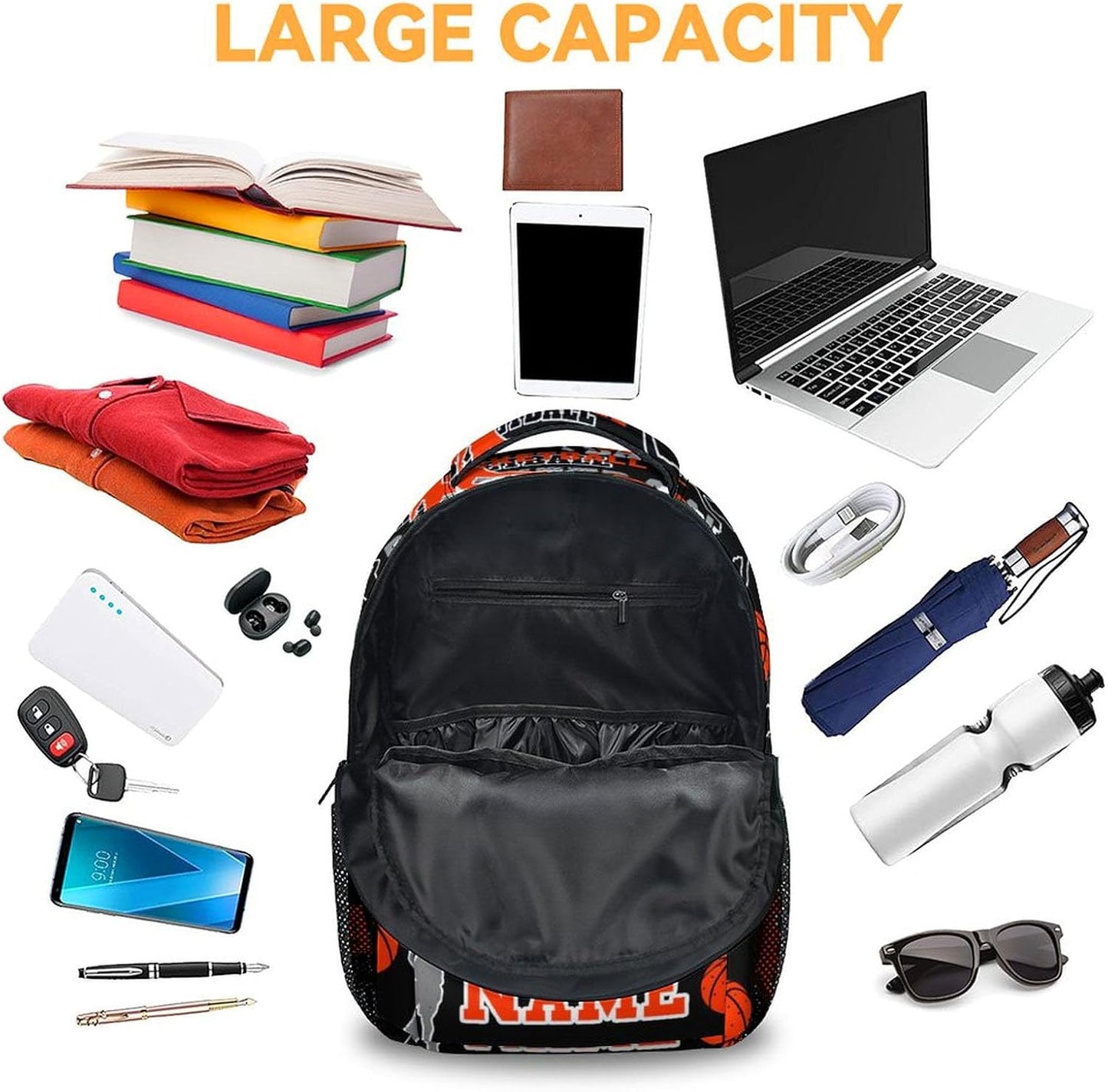 Mercuryelf Personalized Basketball Backpack for Boys, 16 Inch Black Backpacks for School Travel, Cool Lightweight Bookbag for Kids
