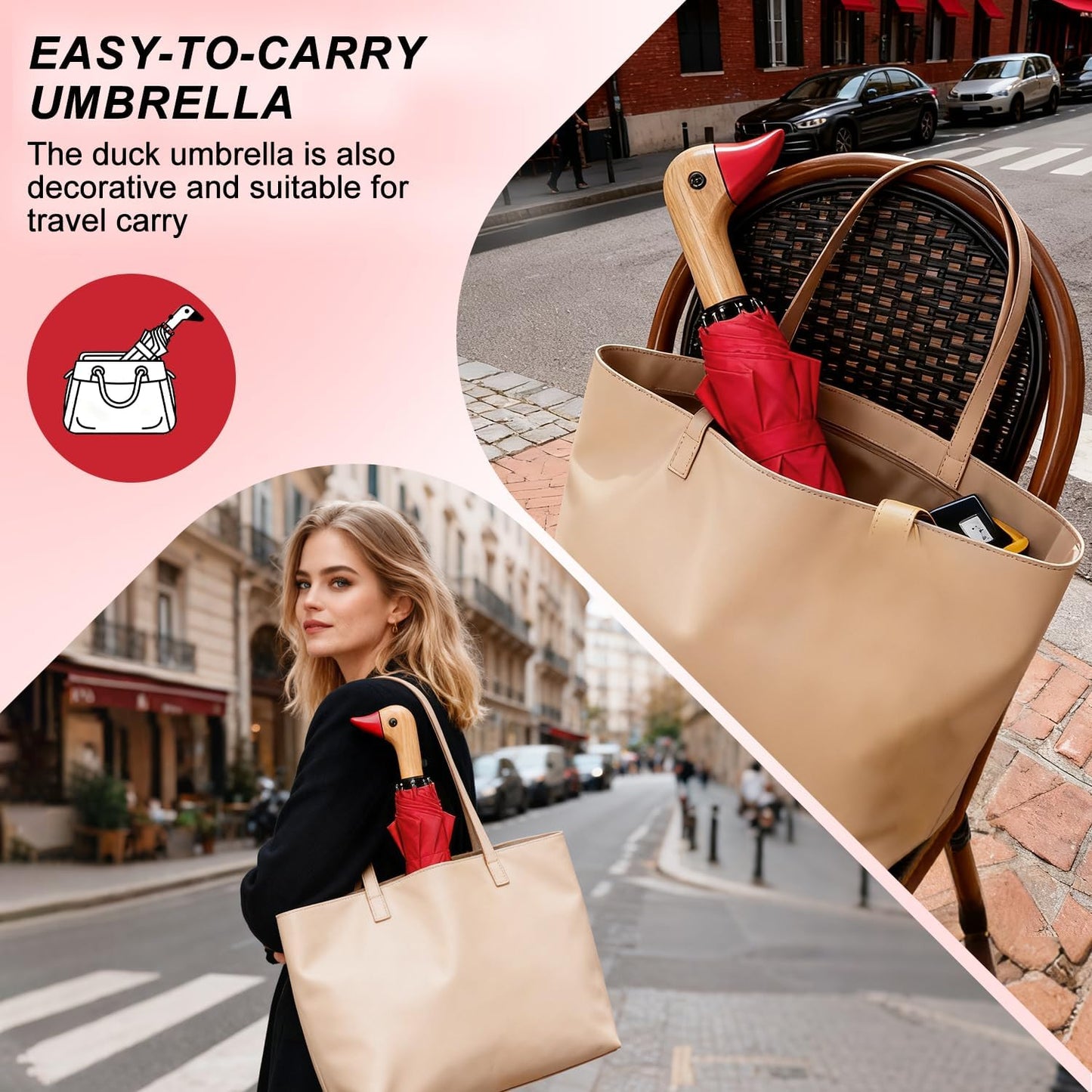 LEAGERA Cute Duck Head Umbrella - Auto Open & Manual Close Easy Folding Portable Lightweight Umbrella for Rain Wood Handle Duck Gifts