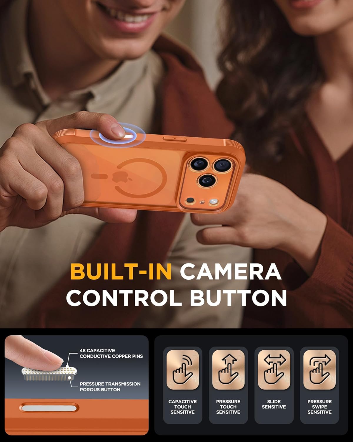 Miracase Magnetic for iPhone 17 Pro Case 6.3" [Compatible with MagSafe] Full-Body Phone Case with Built-in Glass Screen Protector & Camera Control,Drop Proof iPhone 17 Pro Cover, Orange