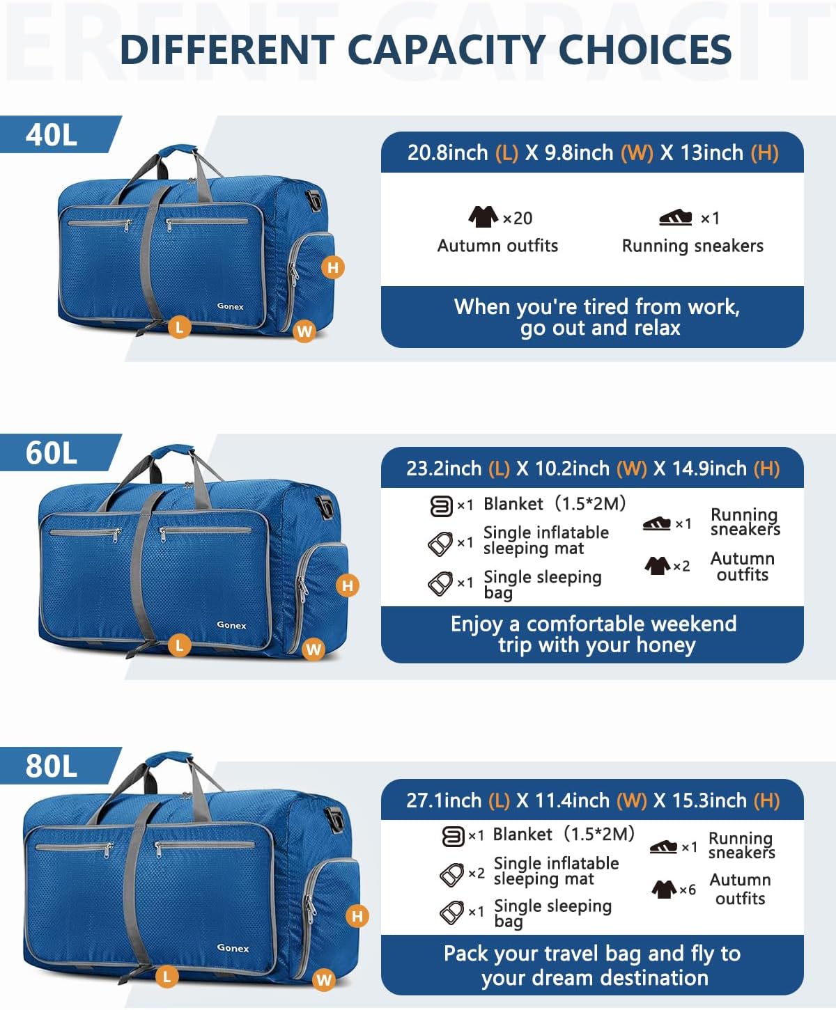 Gonex 40L 60L 80L 100L 150L Large Foldable Travel Duffle Bag with Shoes Compartment, Packable