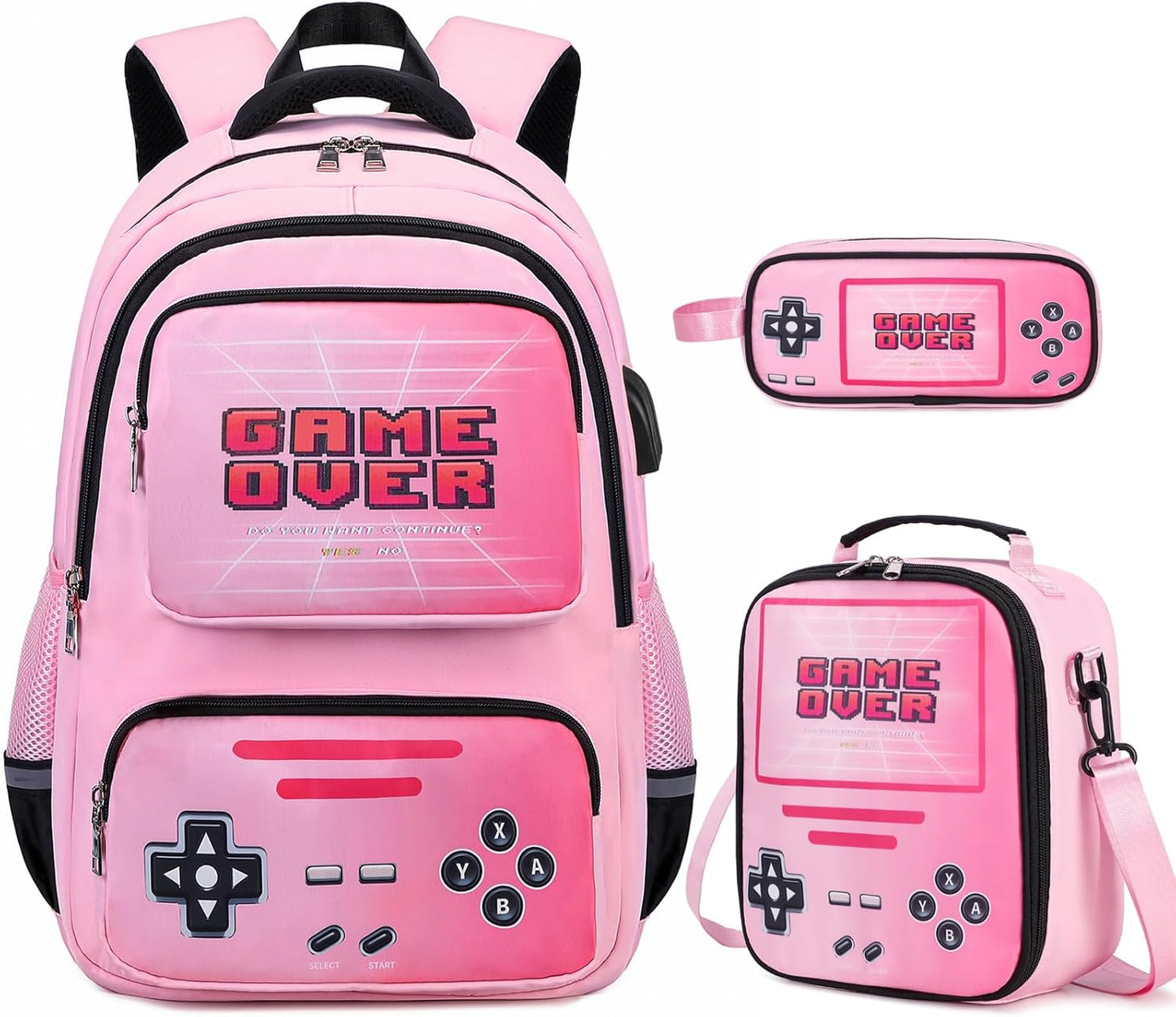 Gamer Backpack for Girls - Cool Luminous School Backpacks for Girl with Lunch Bag Pencil Case - Kids Girls Backpack Elementary Middle School Book Bags for Teen with USB Charging Port (Pink