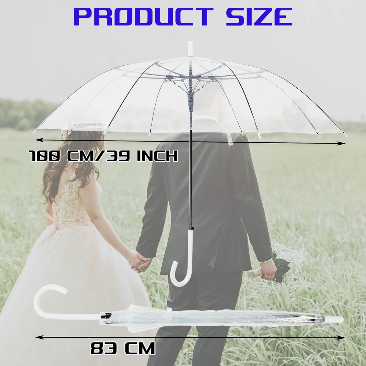 JUYO VONSAN 15 Pcs Clear Umbrella Wedding Bulk Lightweight Fiberglass Frame Transparent Large Stick Umbrellas Bulk for Rain Windproof, Auto Open J Hook