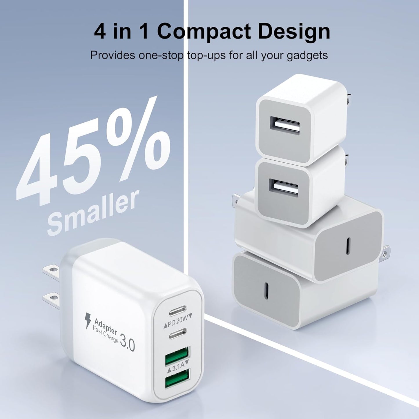 LCGENS 3 Pack USB Wall Charger,Fast C Charger Block 4 Port PD Power Adapter,QC Plug Multiport Type Charging Cube for iPhone 14/15/16/17 Plus/Pro Max, LG,Nexus,HTC,Google Pixel,and More