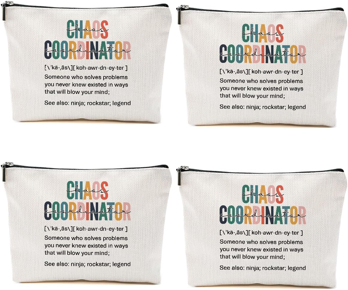 4PCS Chaos Coordinator Makeup Bag Chaos Coordinator Gifts for Women Cosmetic Bag, Thank You Supervisor Gifts for Women Moms Manager Coworkers Retirement Boss Gift, Zipper Pouch Travel Toiletry Bags