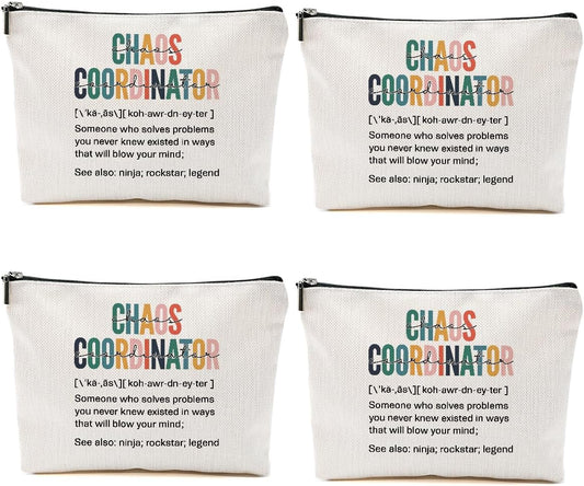 4PCS Chaos Coordinator Makeup Bag Chaos Coordinator Gifts for Women Cosmetic Bag, Thank You Supervisor Gifts for Women Moms Manager Coworkers Retirement Boss Gift, Zipper Pouch Travel Toiletry Bags