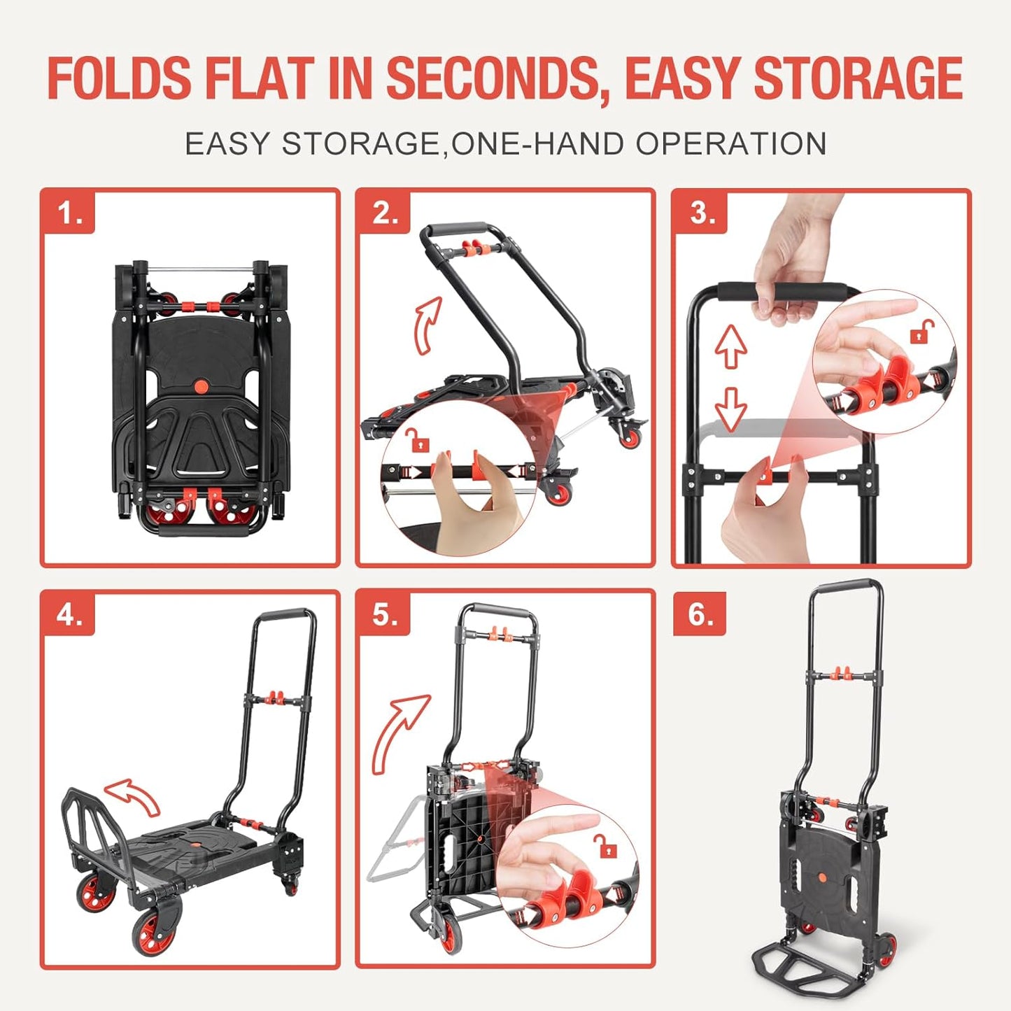 330LB Folding Hand Truck Heavy Duty Carrying, Combination of 4 Wheels & 2 Casters Convertible Dolly Cart with Retractable Handle Dolly for Moving Office Carts