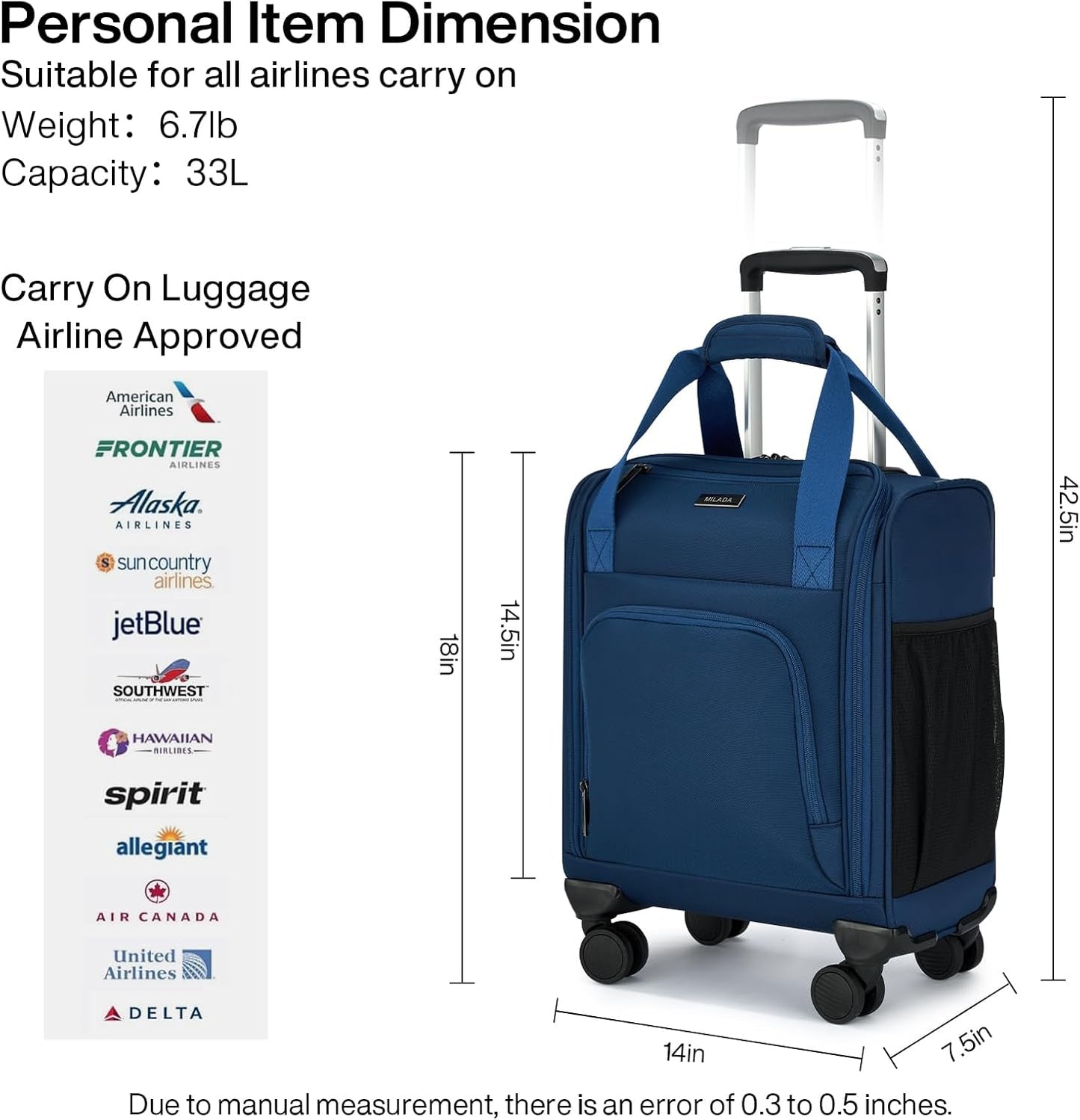 MILADA Carry On Luggage Airline Approved 16 Inch Underseat Small Suitcases with Wheels Softside Travel Luggage Personal Item Overnight Bag Business Mini Suitcase for Women and Men, Blue