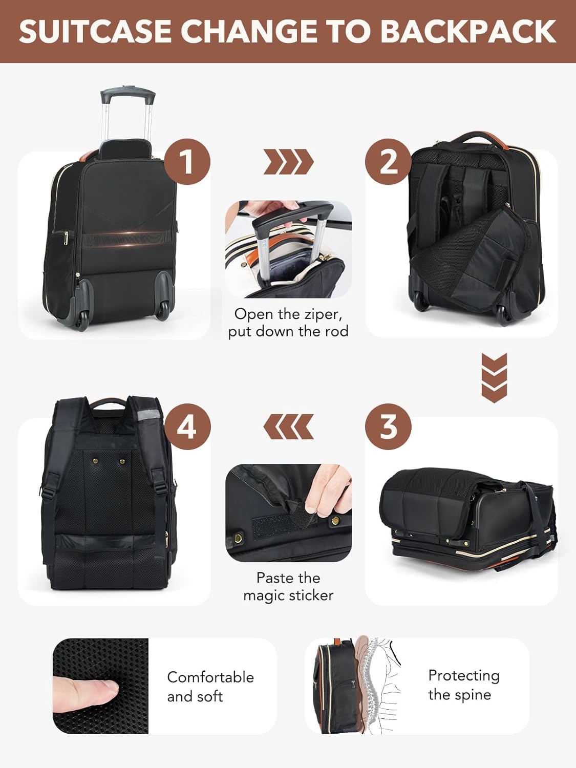 Rolling Backpack for Women, Large Travel Backpack with Wheels Carry on Flight Approved, 17 Inch Laptop Wheeled Roller Bag Suitcase Luggage for Work Bussiness Weekender (Black,L Underseat Size)