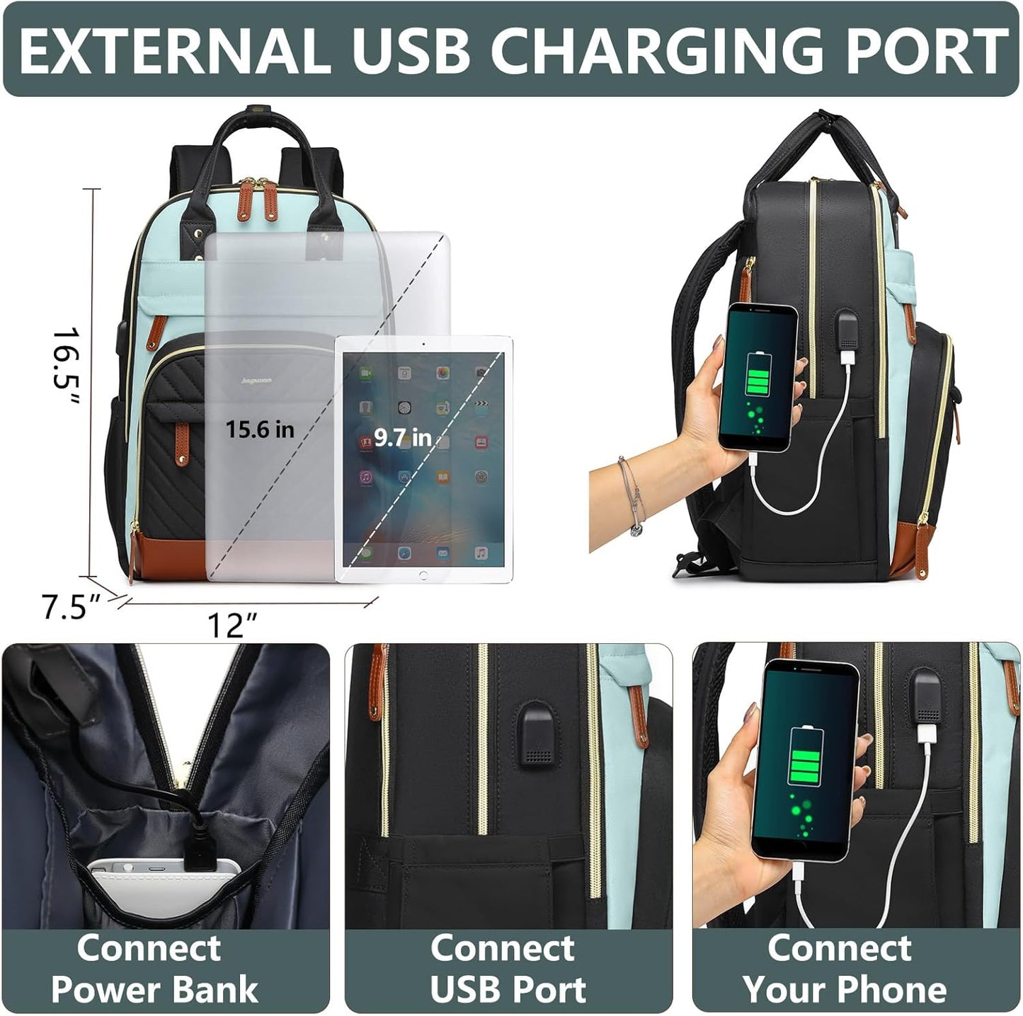 Laptop Backpack for Women Work Bookbag: 15.6 Inch College Backpacks with USB Charger School Bag Waterproof Travel Computer Back Pack Anti-Theft Casual Bookbags for Girls Teacher Nurse Black-Light-Blue