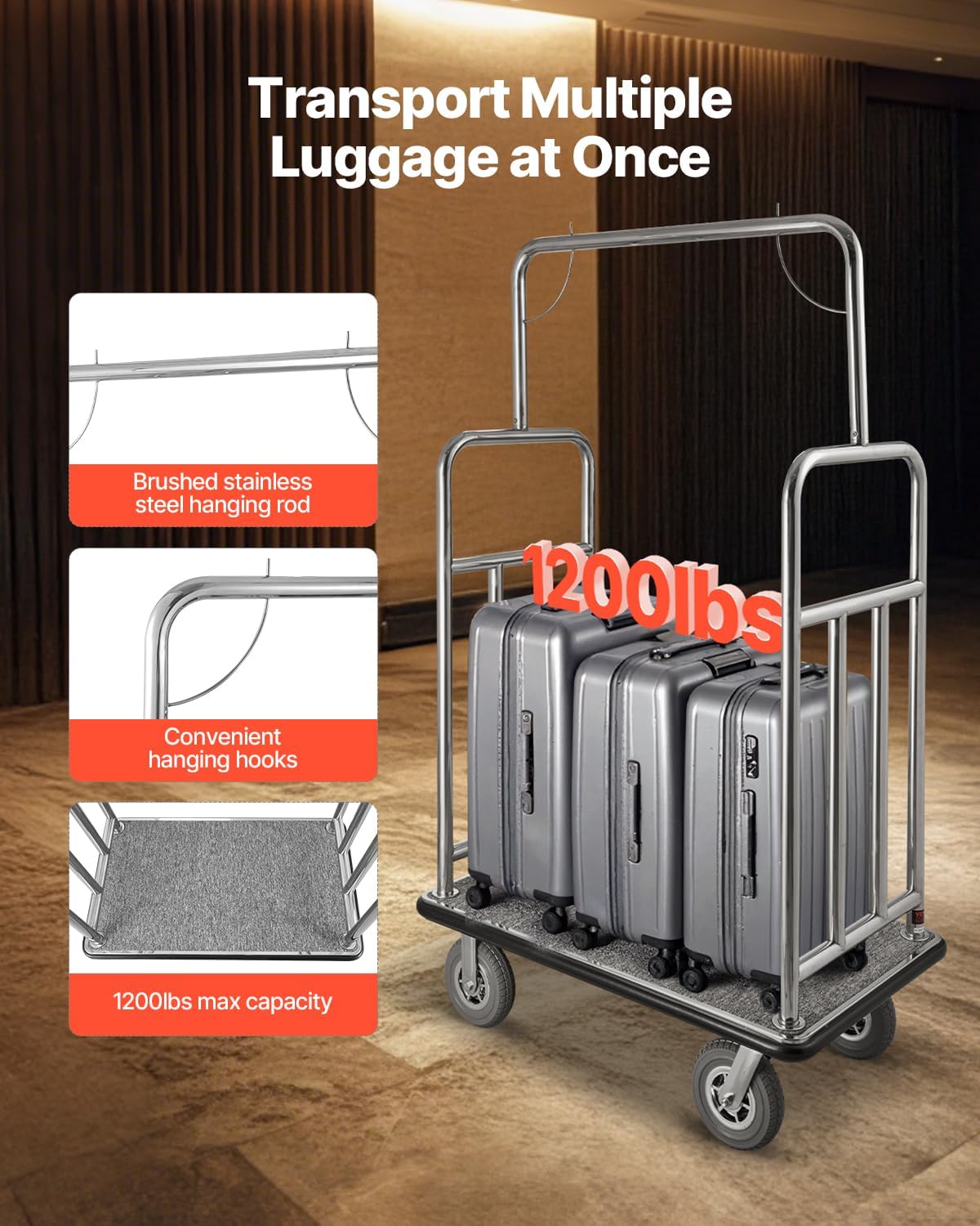 VEVOR Hotel Luggage, 1200 LBS Load Capacity, Brushed Stainless Steel Finish Bellman's Cart, Valet Cart with Grey Carpeted Deck and 8-inch Rubber Wheels, Ideal for Hotels, Condos, Resorts, Silver