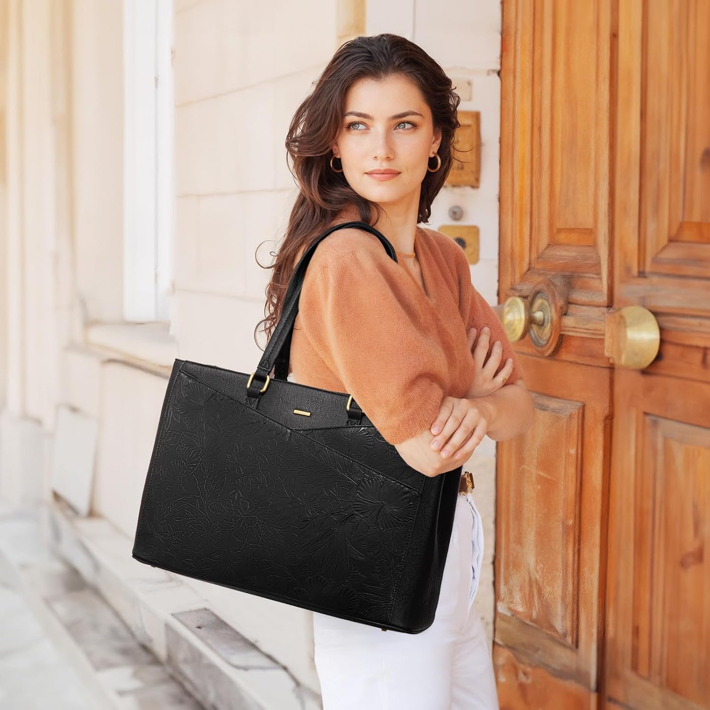 LOVEVOOK Laptop Bag for Women,15.6 Inch Laptop Tote Bag for Women,Vintage Leather Work Tote Bags Computer Business Teacher Bag,Waterproof Office Briefcase