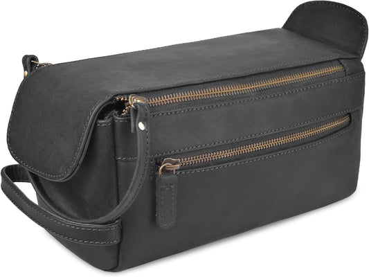 Leather Travel Toiletry Bag for Men & Women – Genuine Leather Dopp Kit, Shaving Organizer, Waterproof Lining, Spacious Toiletry Organizer Gift for Unisex - Midnight Black
