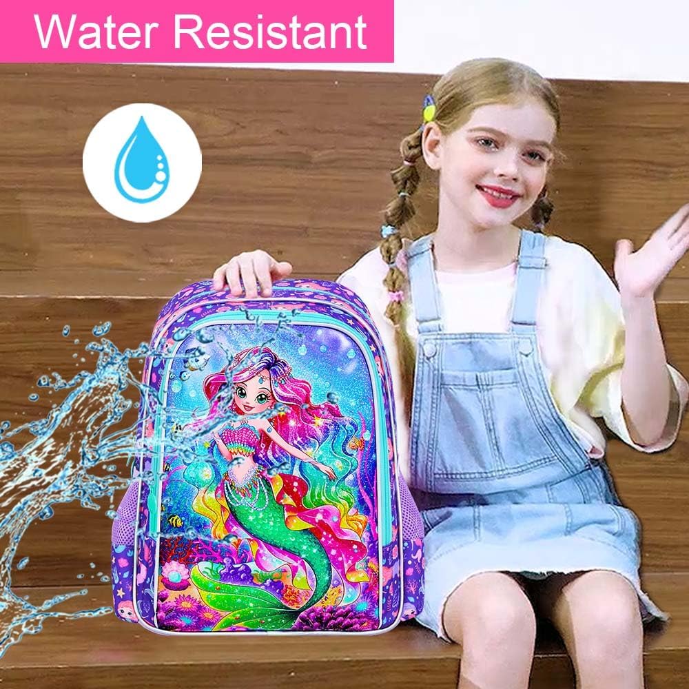 3PCS Girls Mermaid Backpack, Water Resistant Kids Bookbag Set with Lunch Box，Cute Elementary School