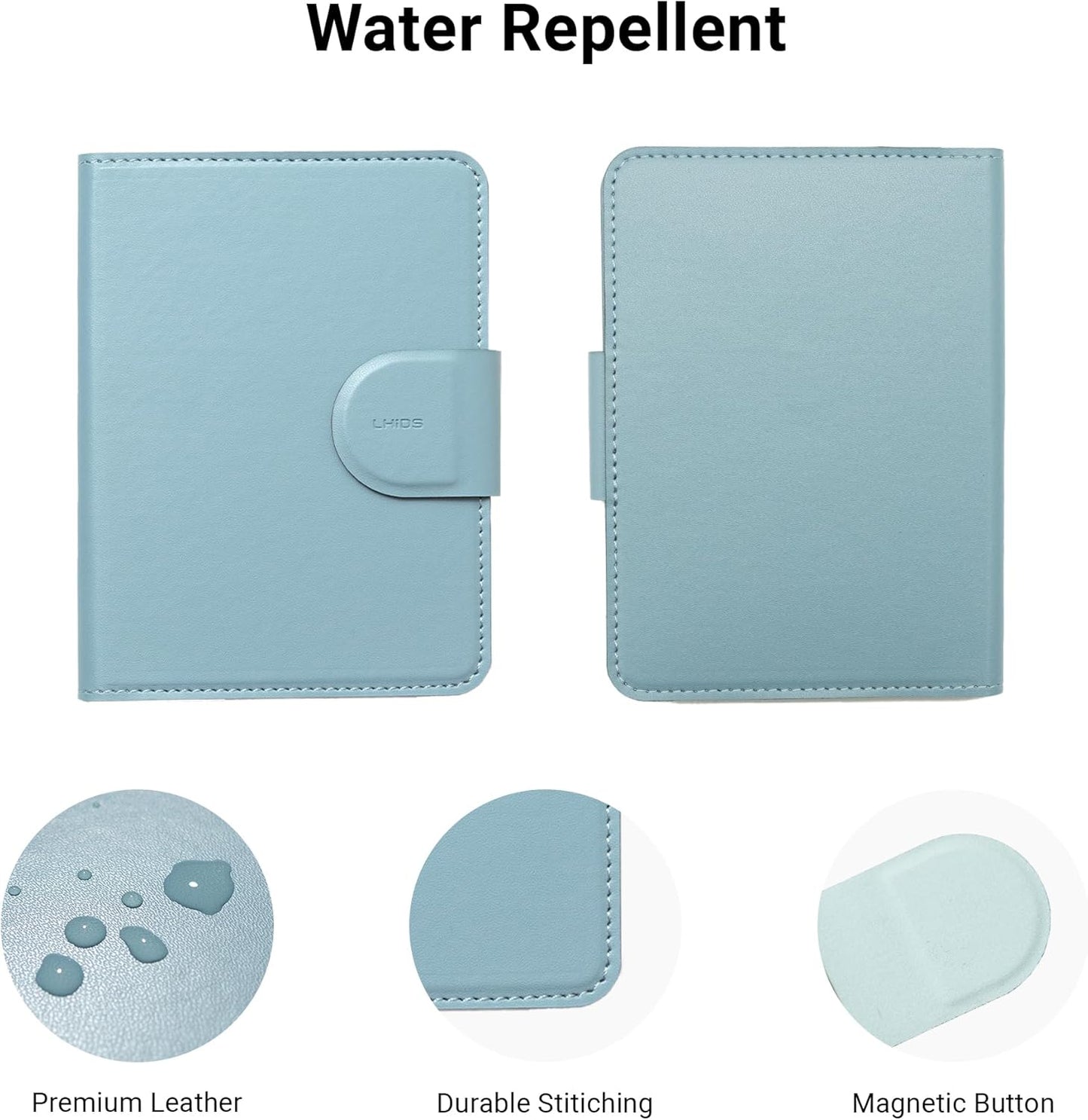 LHiDS Leatherette Passport Holder with RFID Protection, Premium PU Leather, Snap Button Closure, Travel Passport Wallet Cover for Passport, Boarding Passes, Business Cards, Cash (Water Blue)