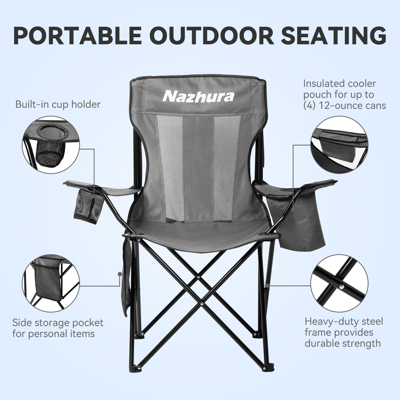 Nazhura 2 Pack Outdoor Camping Chairs Folding/Foldable/Portable with Cooler Pouch, Mesh Backrest