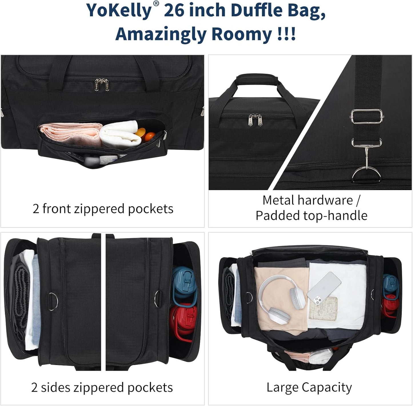 75L Large Duffle Bag for Men - 26 inch Duffel Bag Heavy Duty for Weekend Travel Sport Camping - Black