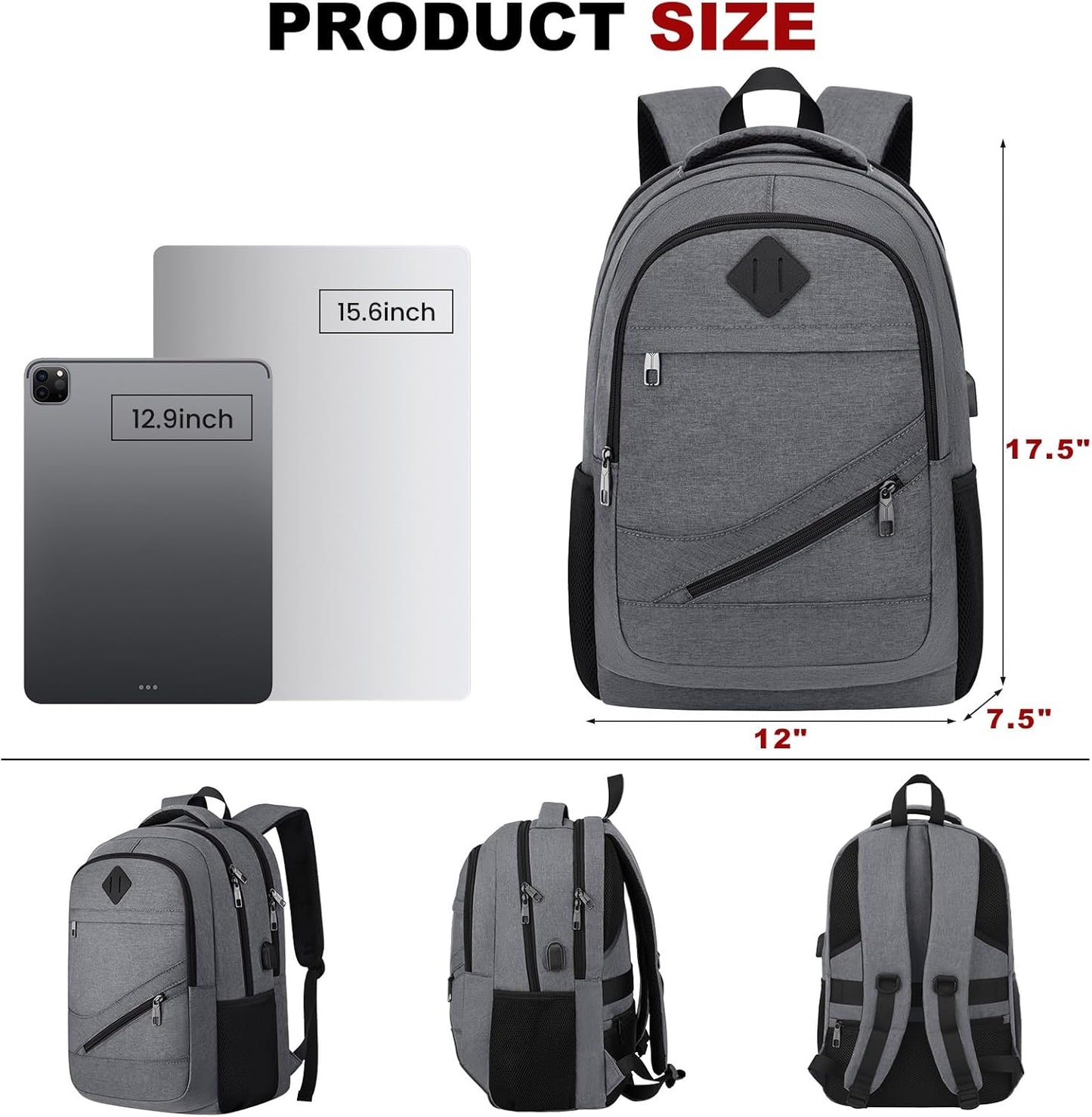 School Laptop Backpack for Women Men: 15.6 Inch College High School Backpacks with USB Charging Port Waterproof Travel Back Pack with Anti-theft Pockets Casual Work Daypack for Boys Students (Gray)